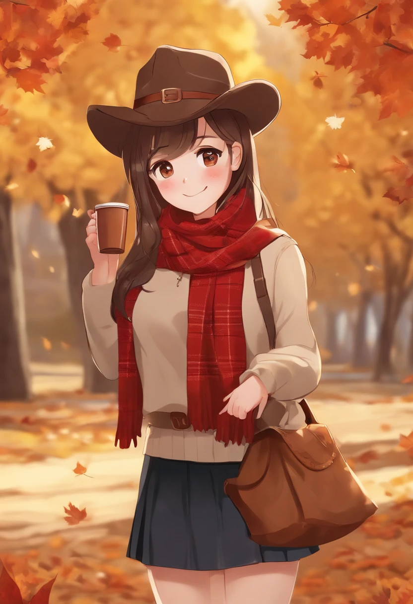 1girl, autumn leaves, bangs, black headwear, blurry background, blush, brown eyes, brown hair, brown scarf, brown skirt, cardigan, coffee, cowboy shot, cup, disposable cup, drink, falling leaves, beanie, holding, holding drink, leaf, long hair, long sleeves, looking at viewer, open cardigan, open mouth, plaid, plaid skirt, puffy long sleeves, red sweater, scarf, shirt, shirt tucked in, sidelocks, skirt, smile, solo, sweater, white shirt, extremely detailed, intricate, masterpiece, absurdres