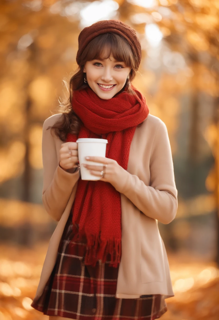 1girl, autumn leaves, bangs, black headwear, blurry background, blush, brown eyes, brown hair, brown scarf, brown skirt, cardigan, coffee, cowboy shot, cup, disposable cup, drink, falling leaves, beanie, holding, holding drink, leaf, long hair, long sleeves, looking at viewer, open cardigan, open mouth, plaid, plaid skirt, puffy long sleeves, red sweater, scarf, shirt, shirt tucked in, sidelocks, skirt, smile, solo, sweater, white shirt, extremely detailed, intricate, masterpiece, absurdres