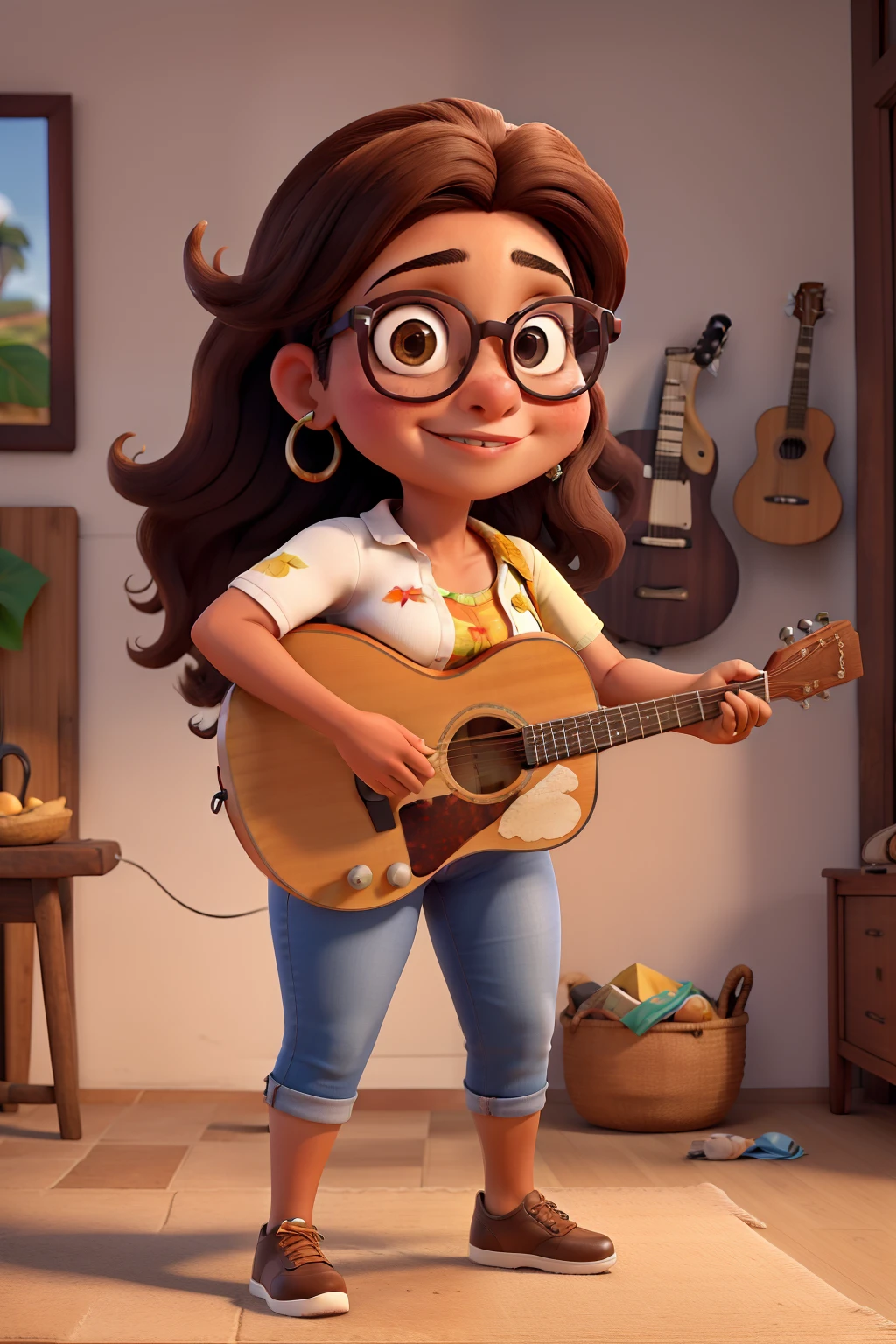 Uma mulher gorda, morena, pele marrom escuta, cabelo cacheado escuro tamanho grande, wearing prescription glasses , playing the guitar, olhando pro mar