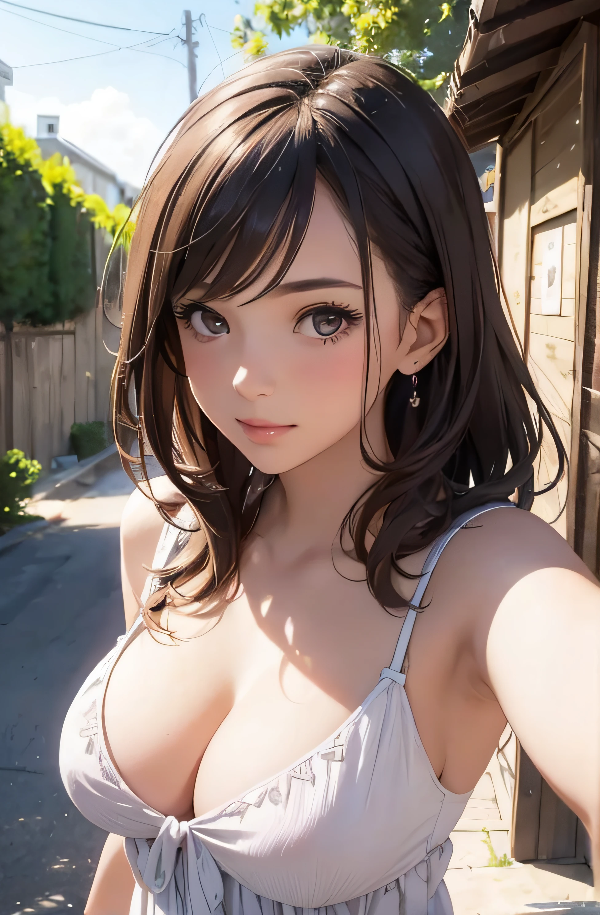 girl in summer clothes, top shot,((selfie)), random background, kiss, beautiful, medium breasts, flirtatious look, ((very detailed)), (perfectly detailed face), (well detailed hand), photorealistic image.