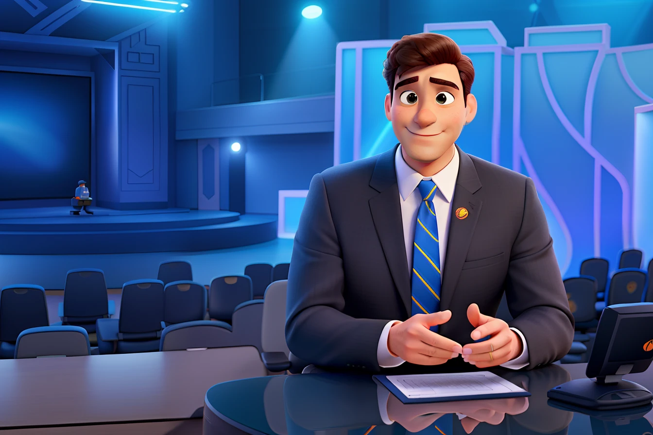 Um homem sentado na bancada apresentando um programa de TV estilo disney pixar,
alta qualidade, melhor qualidade
