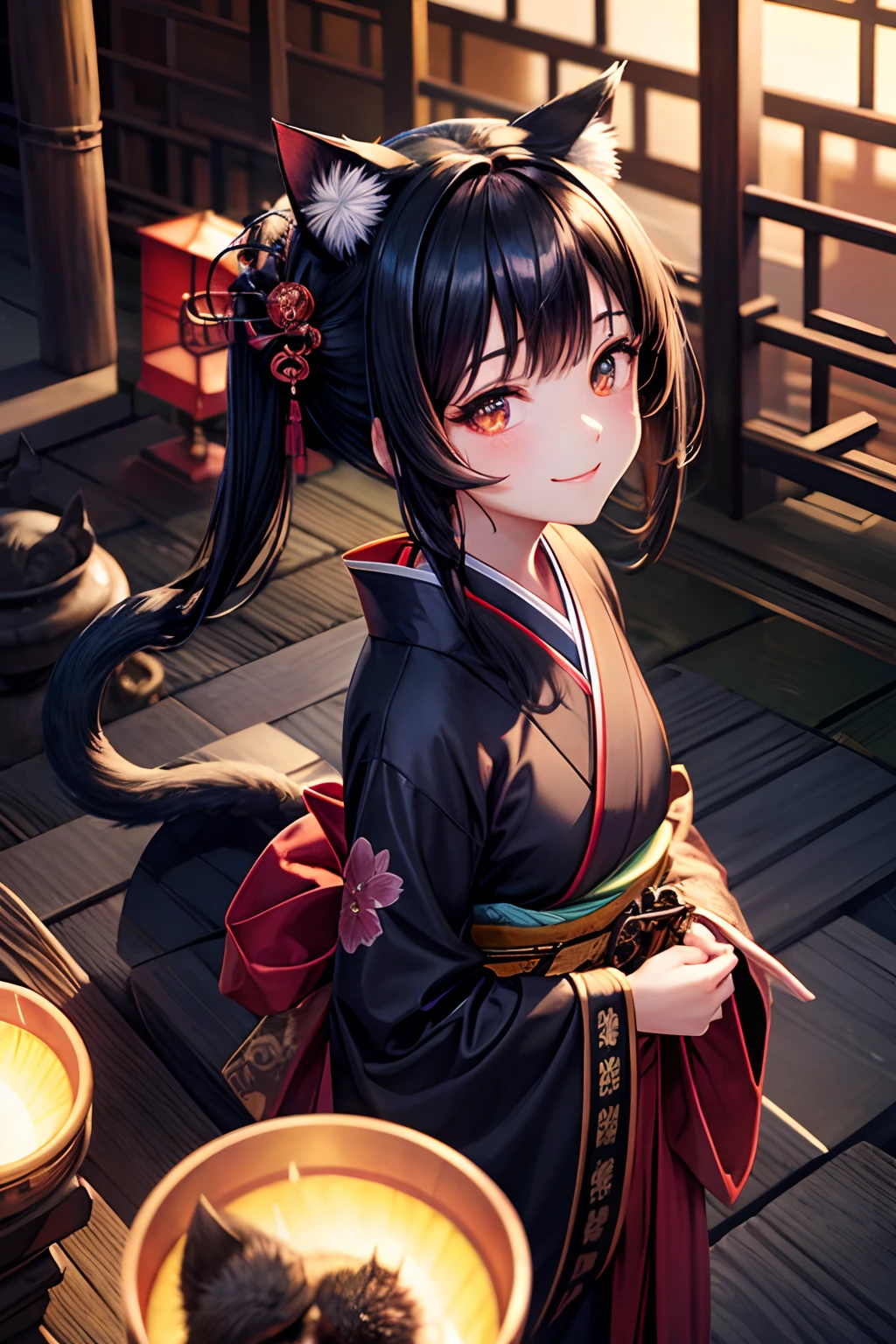 Top quality, high resolution, perfect human structure, figure focus, front view, glowing hair, glowing eyes, looking up at viewer, kimono, Japanese garden, cat ears, black hair, top angle, medium chest. Happy smile, gradient eyes, swept bangs,