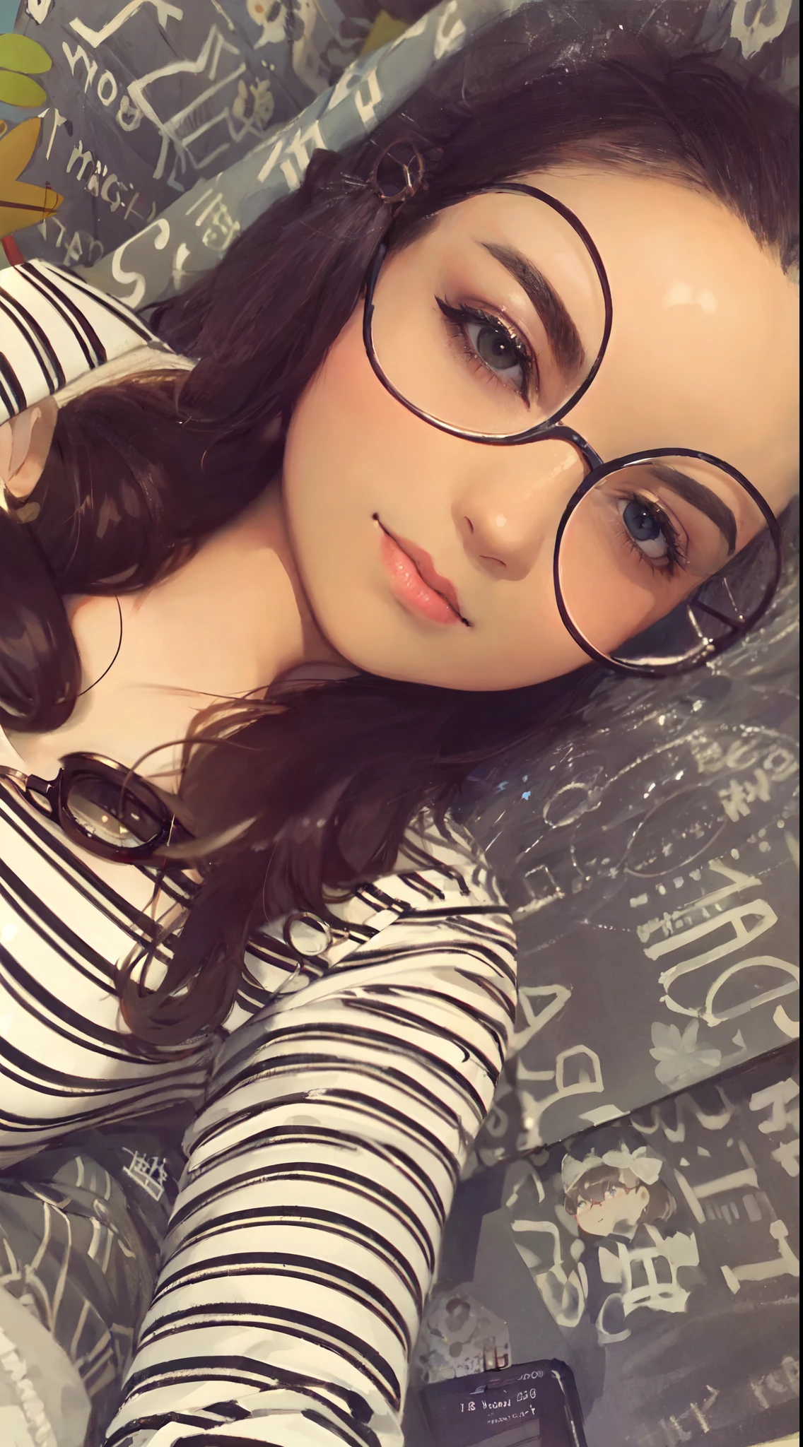 arafed woman with glasses laying on a bed with a black and white striped shirt, she wears harry potter glasses, with glasses, 18 years old, 1 8 yo, !!wearing modern glasses!!, girl with glasses, girl wearing round glasses, !!wearing glasses!!, spectacled, profile image, very silly looking, 1 6 years old, thick glasses
