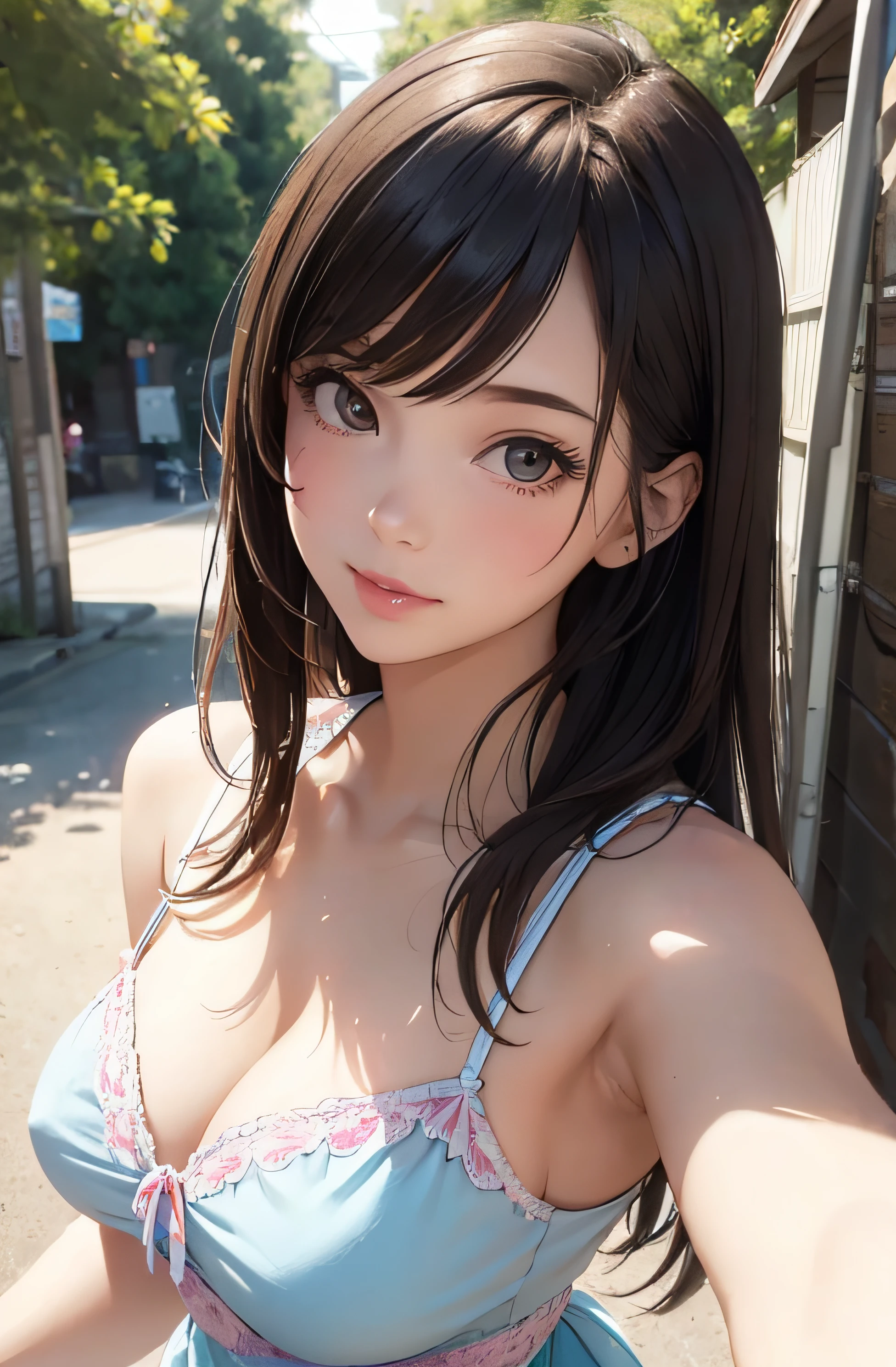 girl in summer clothes, top shot,((selfie)), random background, kiss, beautiful, medium breasts, flirtatious look, ((very detailed)), (perfectly detailed face), (well detailed hand), photorealistic image.