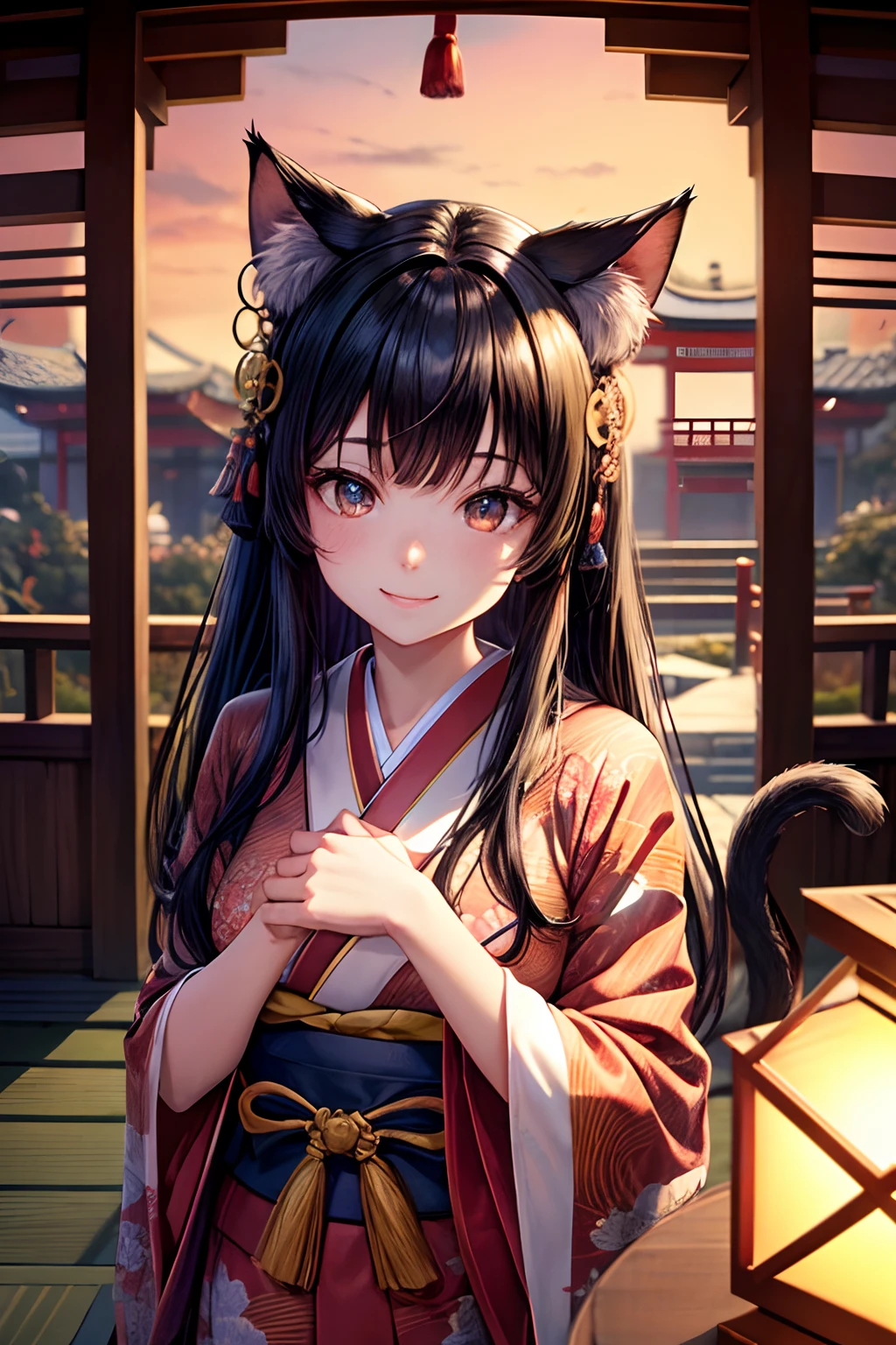 Top quality, high resolution, perfect human structure, figure focus, front view, glowing hair, glowing eyes, looking up at viewer, kimono, Japanese garden, cat ears, black hair, top angle, medium chest. Happy smile, gradient eyes, swept bangs,