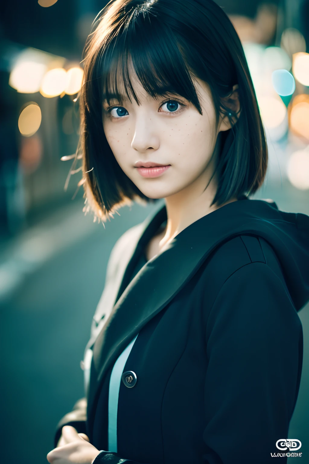(1girl in),Japan at 25 years old,Medium black hair with green highlight color、 a little freckles、All Black Mode Costume, Standing full-body photo、（night photo）Will、Blue Light Up、Amazing face and eyes, ((Best Quality)), (Ultra-detailed), (extremely detailed CG unified 8k wallpaper), Highly detailed, High-definition raw color photos, Professional Photography,