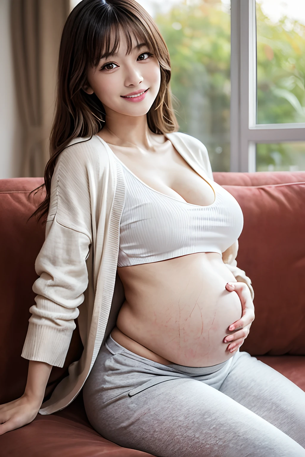 ((((Daughter with big belly and mother with slim belly,Slim mother with pregnant daughter,Mother stroking her daughter's belly,-yeld dater and 45-year-old mother,A 16-year-o woand a-year-old woman,,mother daughter,Two people sit side by side on the sofa)))),Sit on the sofa in the living room,Background is living room,Wear a cardigan over a shirt,The face of Japan's cutest idol,A big smile staring at the camera, large full breasts,8K、hightquality、best qualtiy,tmasterpiece,hight resolution,Beautiful skin,Clean white skin award-winning work,finerly detailed face,face perfect