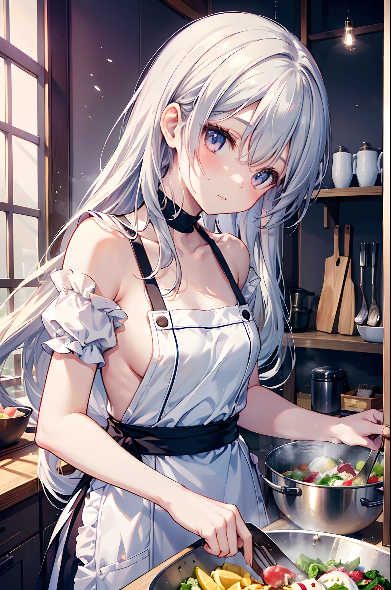 (masutepiece, Best Quality:1.2), 1girl in, Solo, Cute, kawaii, Naked in an apron、digitalart、Aimei、(long, Beautiful,Silver hair.Flowing in the wind)、Naked in an apron、Look: kitchin、Cooking dishes(Serve salad)、brightly lit room, Confident expression 、glistning skin、Small-faced beauty,High Angle Lens、perfect-composition、Perfect light and shadow delicacy、8K