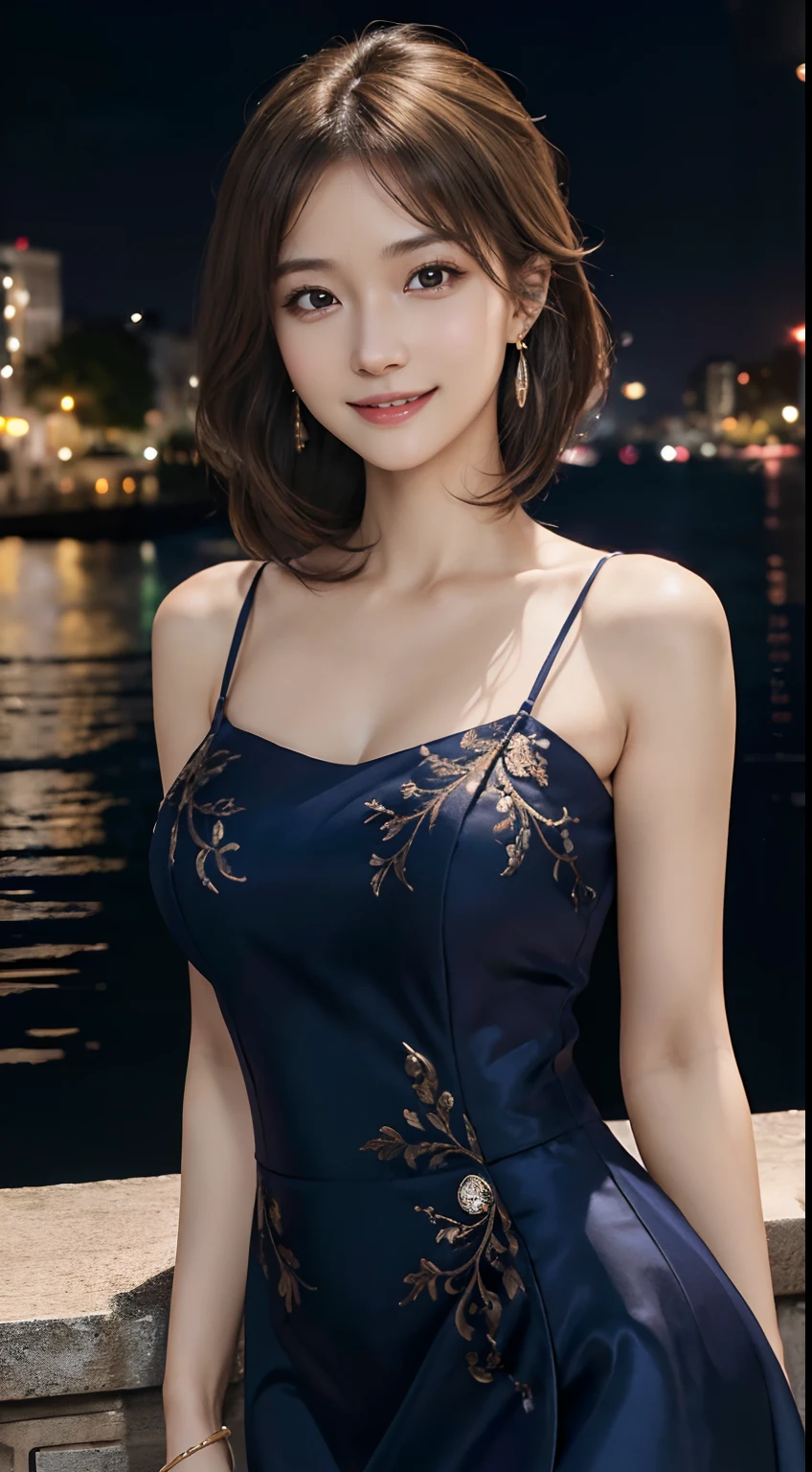 4K resolution, 8K resolution, beautiful, Highest quality, Absolutely wonderful, Very detailed, Ultra-high resolution, masterpiece, RAW Photos, Realistic, Depth of written boundary, Cinematic Light, 
One sexy mature woman, 
Black bob cut short hair, 精巧なディテールのbeautiful顔, A calm expression on a face, 
Transparent white skin, Very sensitive skin, 
Great proportions, Glamorous Body, Anatomically correct body, Shapely large breasts, Shapely ass, Firm thighs, 
High leg swimsuit, Bold design, beautiful装飾, Detailed cloth texture, 
Gorgeous necklace, Earrings,  
Night sky background, Dark sandy beach at night, 