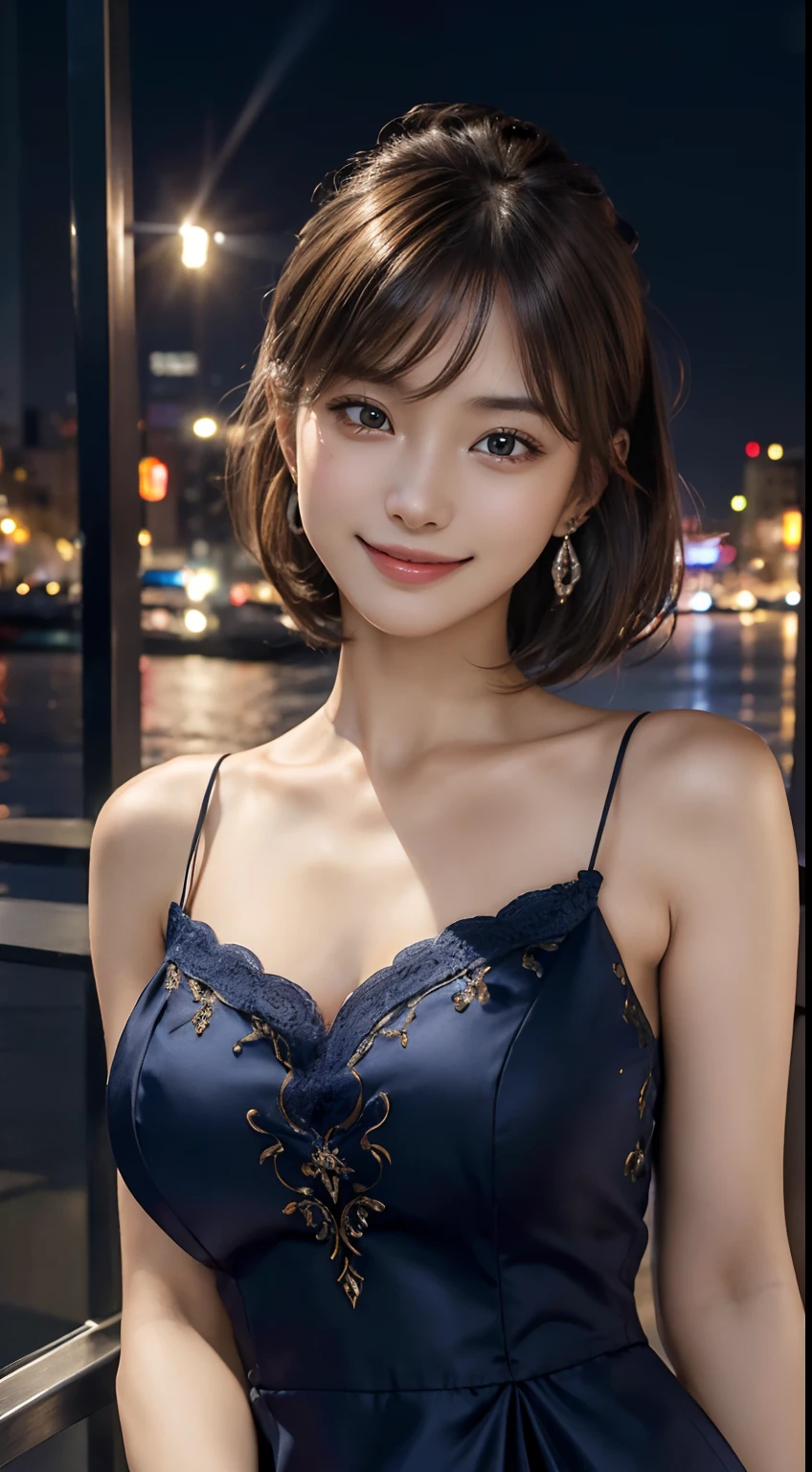 (masutepiece, Best Quality, Photorealistic, Ultra-detailed, Finely detailed, High resolution, 8K Wallpaper), 1 beautiful woman, earrings, Smiling, In a navy formal dress, light brown short messy hair, Perfect dynamic composition, Beautiful detailed eyes, Smile, In the Bayside Area, At night, Full body portrait