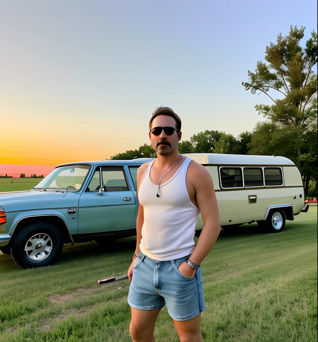 Photo realistic, hyper realistic, 1970s, middle aged man with mustache, aviator sunglasses, mullet, wife beater tank top, cut off denim shorts, tall tube socks, a cigarette dangling from his mouth, can of light beer in one hand, tongs in one hand, grilling hot dogs, standing in front of pasture with tall grass, decrepit mobile home, several junk cars, and a broken lawnmower