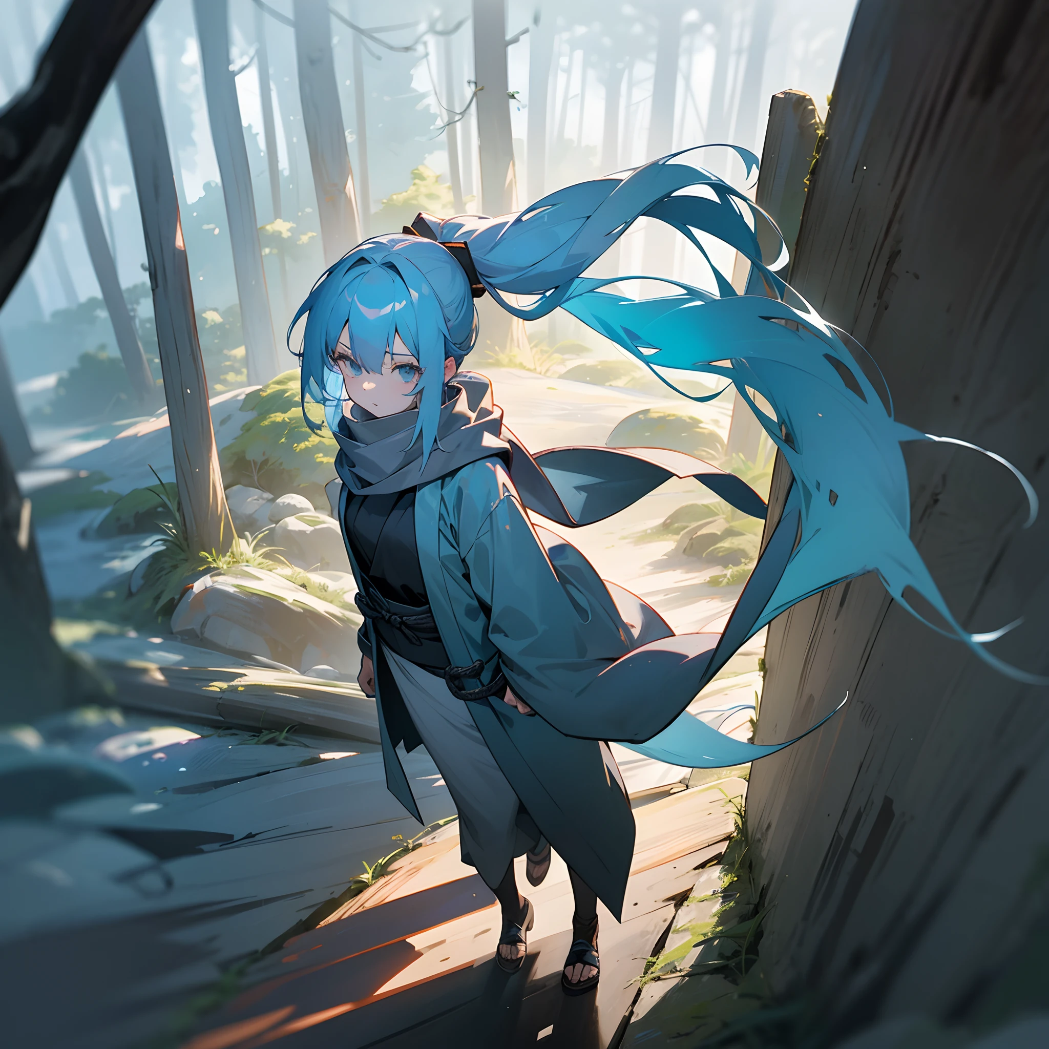 teen, 1female, messy long pale blue hair, loose casual ninja clothing, finely detailed grey eyes, forest, scarf, walking through mountain path, best lighting and shadows, lanterns