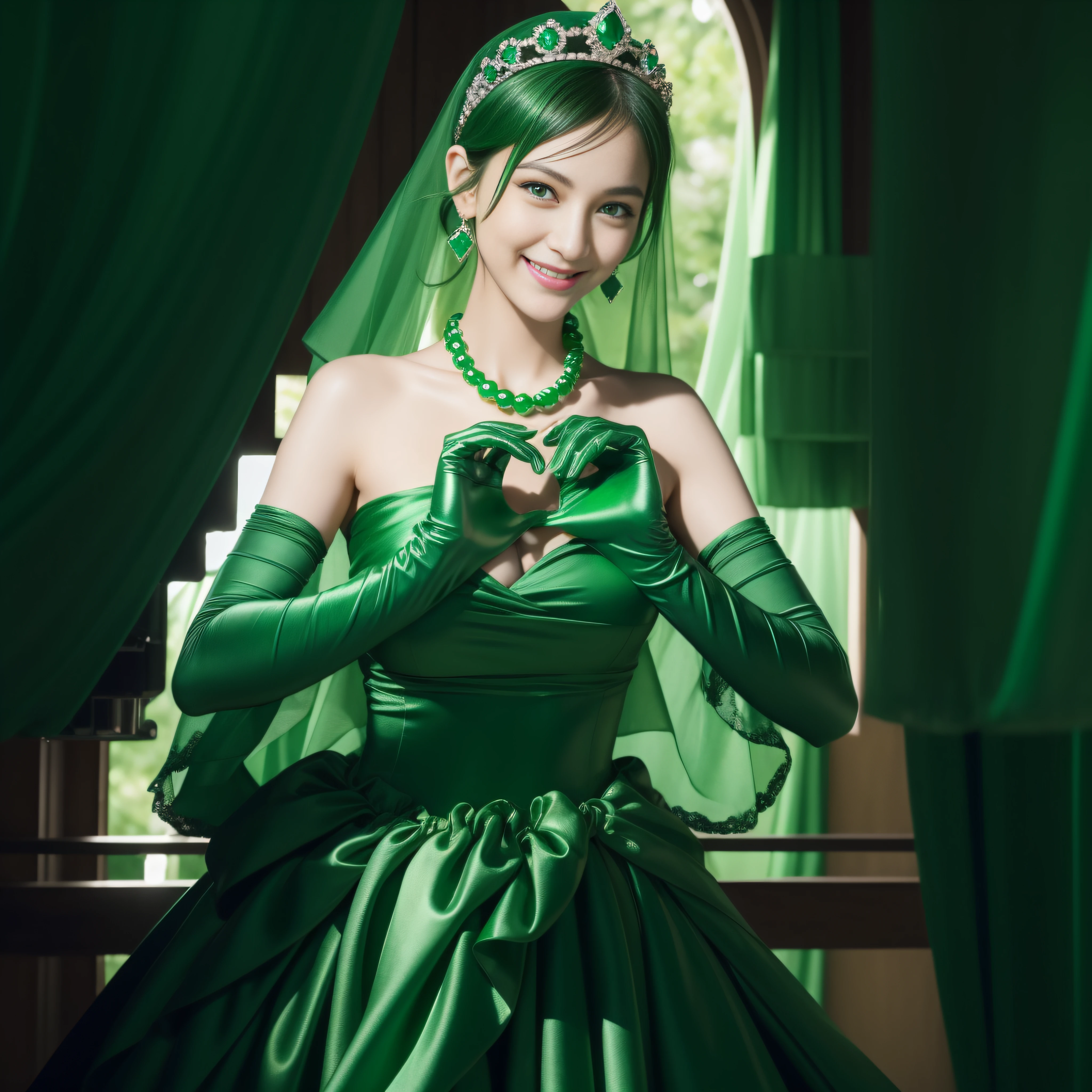 emerald tiara, Green Pearl Necklace, Boyish very short black hair, lipsticks, Japan woman smiling, very short short hair,  big breasts beautiful, Green eyes, Long green gloves made of satin material, Green eyes, Emerald Earrings, green vale, Heart with both hands