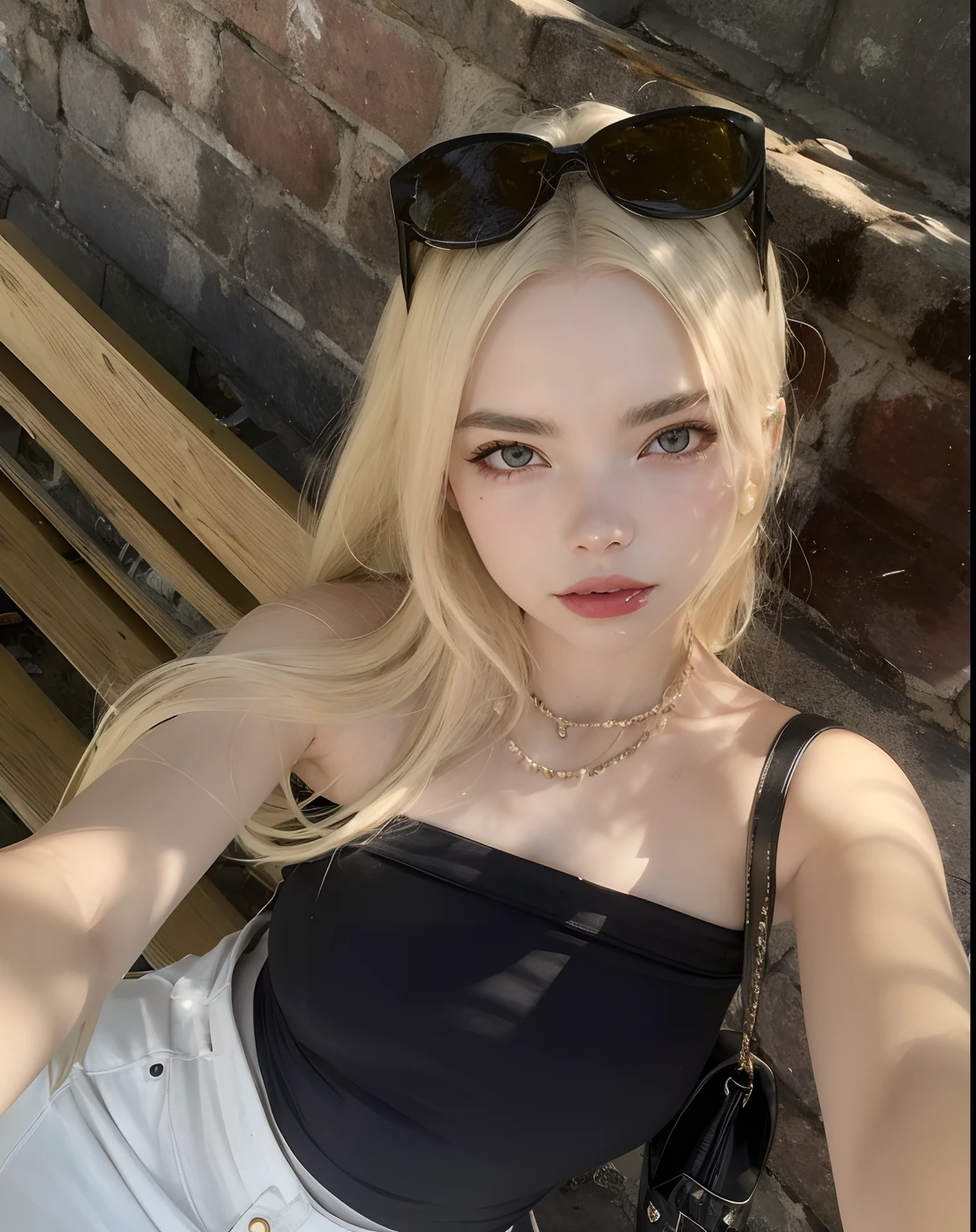 Blonde woman with sunglasses and a black top sitting on a bench, Anya Taylor alegria, Anya Taylor-Alegria, Anya Taylor - Alegria, Vestido Anya Taylor - Joy, foto de perfil, Anya Taylor - Rainha Vampira da Alegria, com longos cabelos loiros, pale glowing skin, mami_Taylor-Alegria, taken in the early 2020s, Retrato de Kim Petras