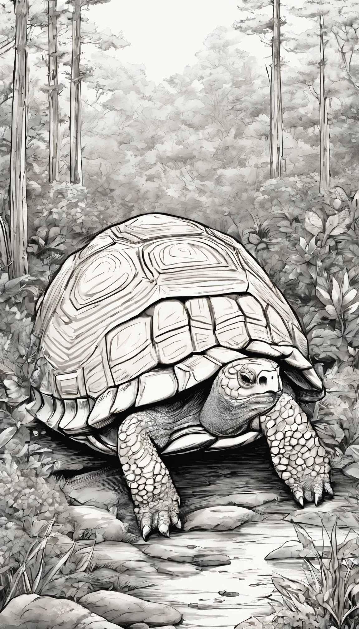 A commercial illustration with a good part in black, branco e verde-claro, There's a tortoise and a black and white hare in a track race, em uma floresta cheia de folhas na cor verde-claro, with stones and the floor with neutral colors, destacando-se no a tartaruga vencendo a corrida. A tartaruga tem um olhar muito fixo. The hare has a very light color and is right behind, The setting is a forest with an athletics track with a very rustic style. The forest is natural in its own way, com morro bem abaixo. The image should have a natural style with fine strokes and neutral colors, A touch of manga. A tartaruga deve ser retratada em detalhes, with his expression demonstrating strength and determination in his life. A imagem deve ser em preto e branco com alta qualidade, with a pencil and ink caricature drawing style, com cores neutras e leves. Certifique-se de que a tartaruga esteja vencendo o lebre com aspectos extremamente realistas, but not artificial, symbolizing happiness and hope in the face of life's challenges.", 16k