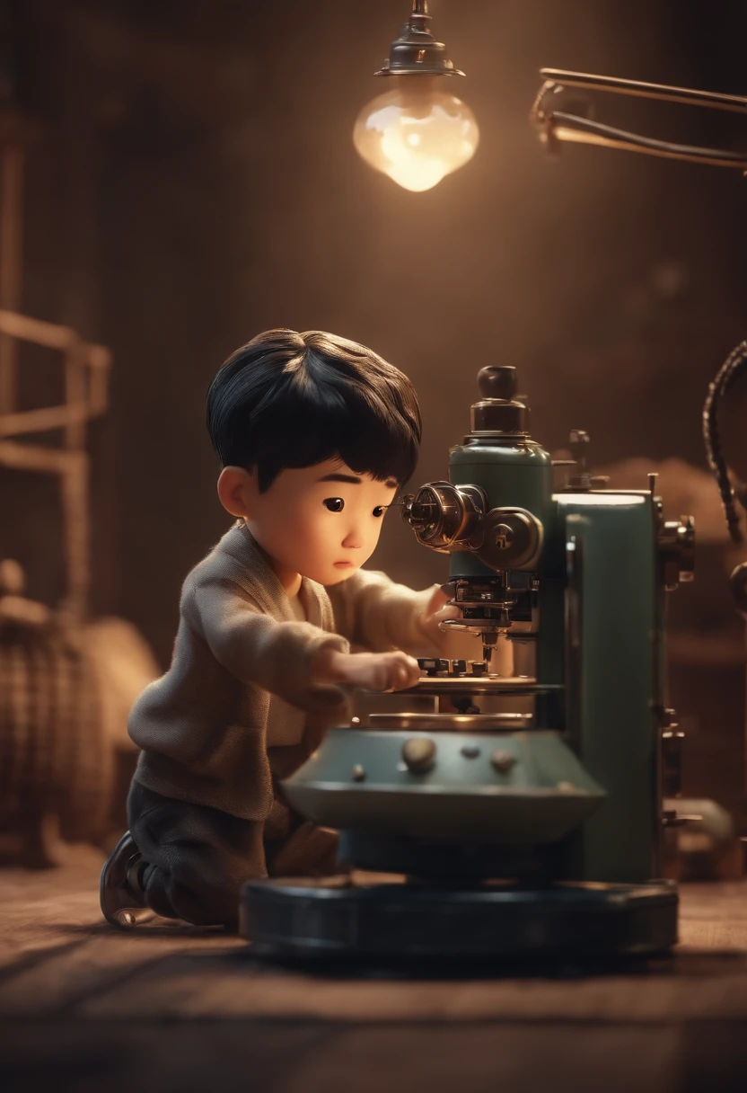 Cartoon or animation showing young Wang Yibo playing with a machine