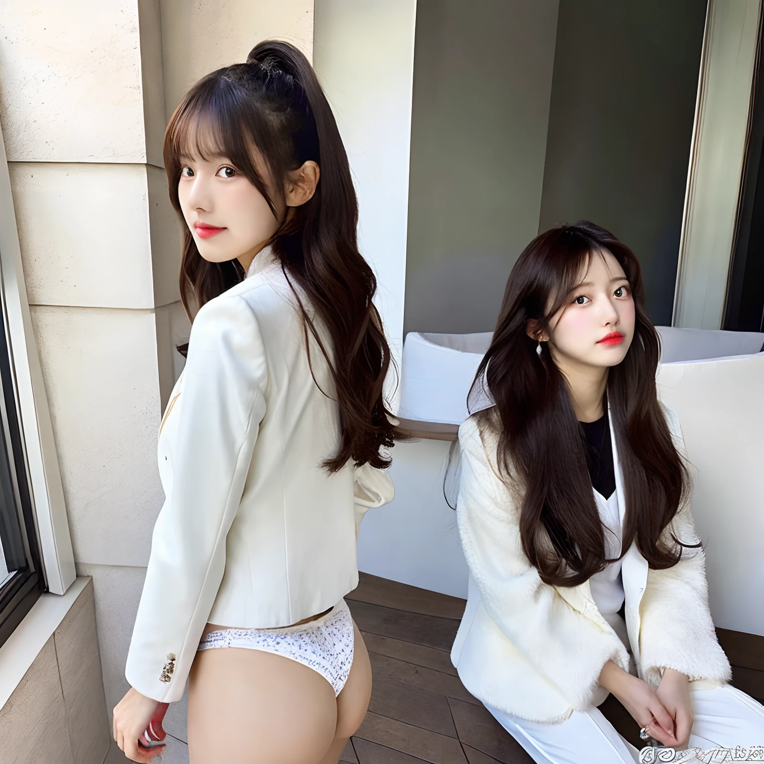 raise heels, Sit down and show your buttocks from the front, Grab your knees, White panties, Blazer jacket, Long hair, Realistic, Photographic, Cute,