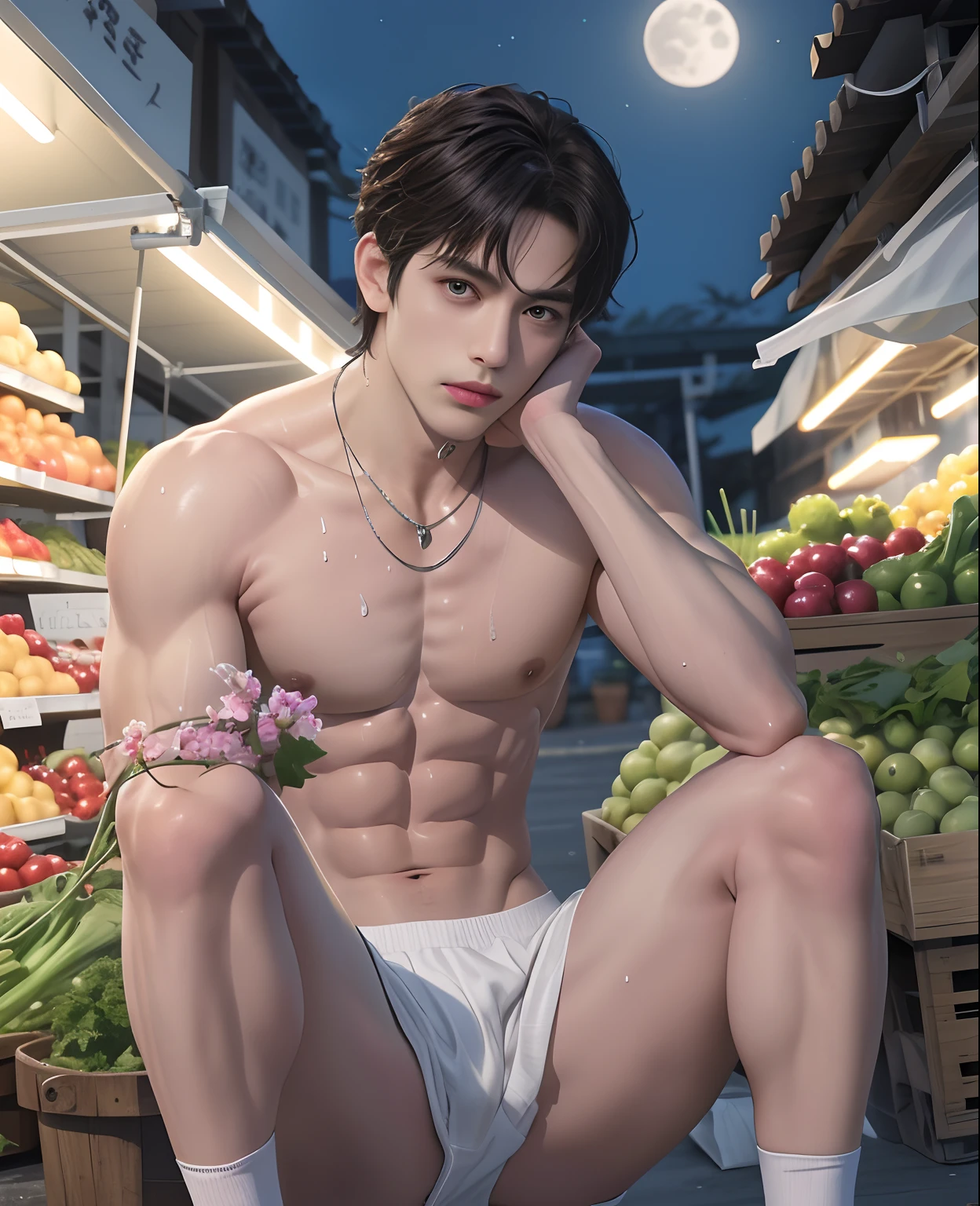 1boy,4k画质，cool guy，There is a flower in the hand，Wear white thongs，white short socks，perspire，