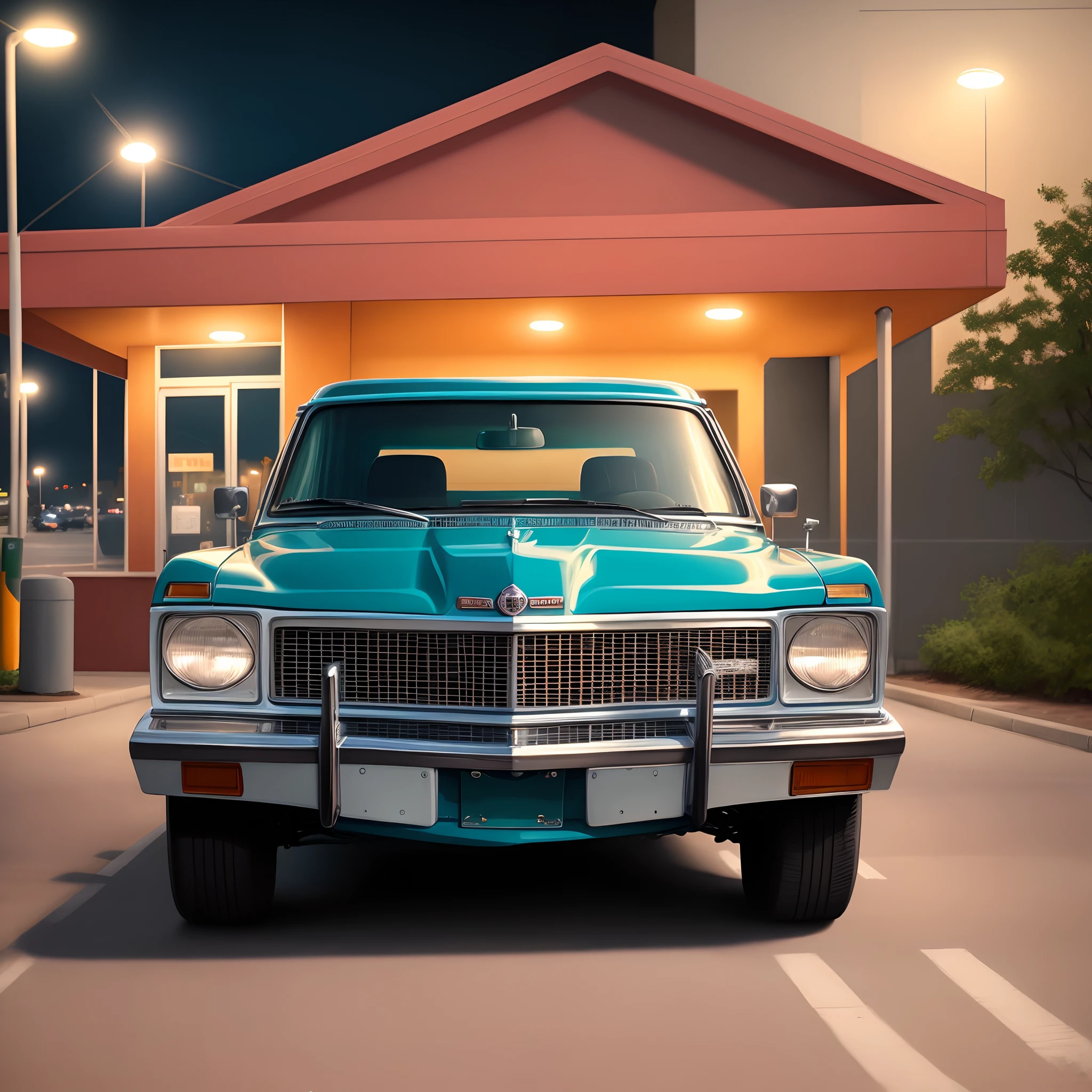 1980 cheyenne step side c10 animated in front of a 711 parking lot at night