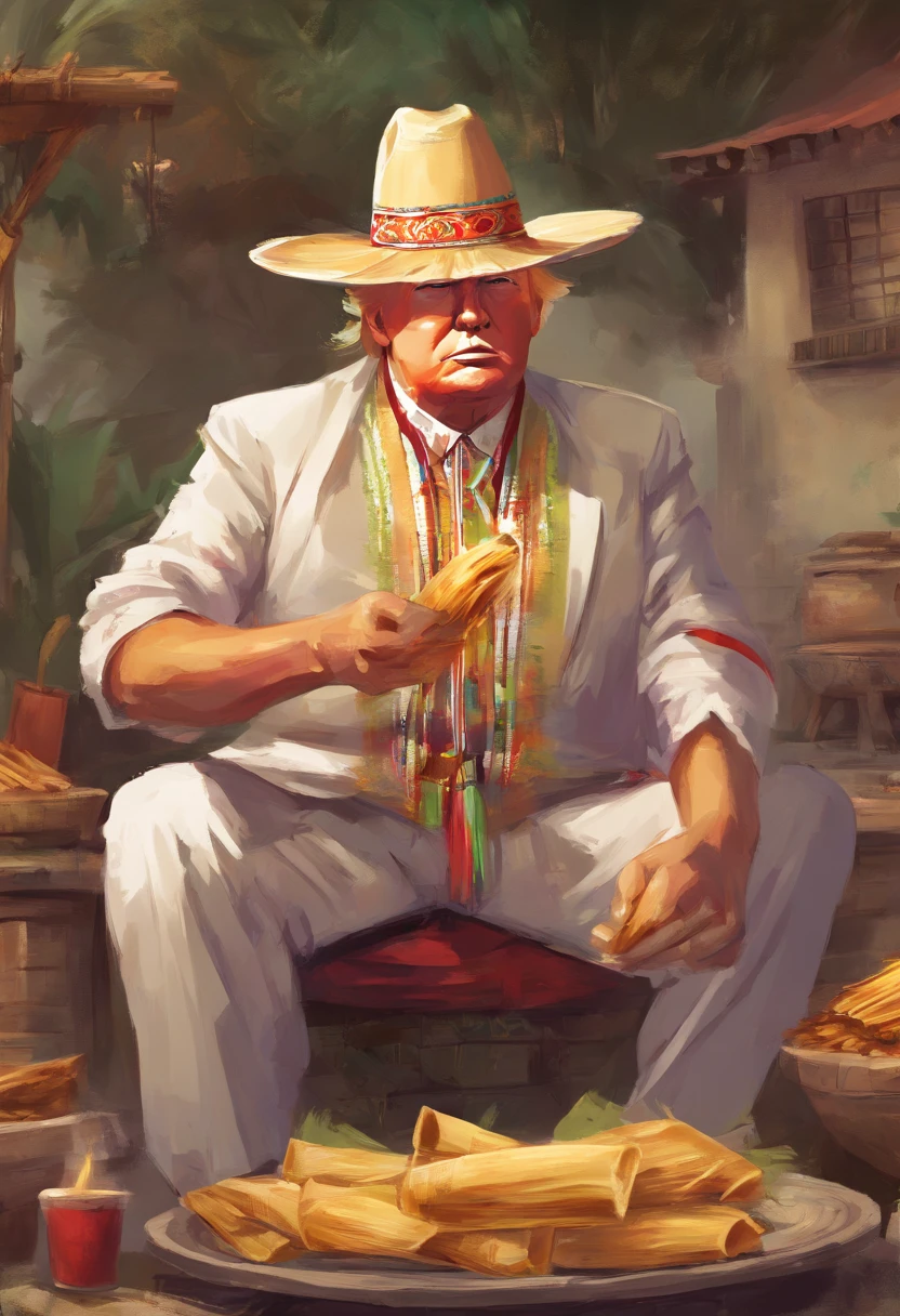 Donald trump wearing traditional mexican attire eating tamales satay in mexican village,