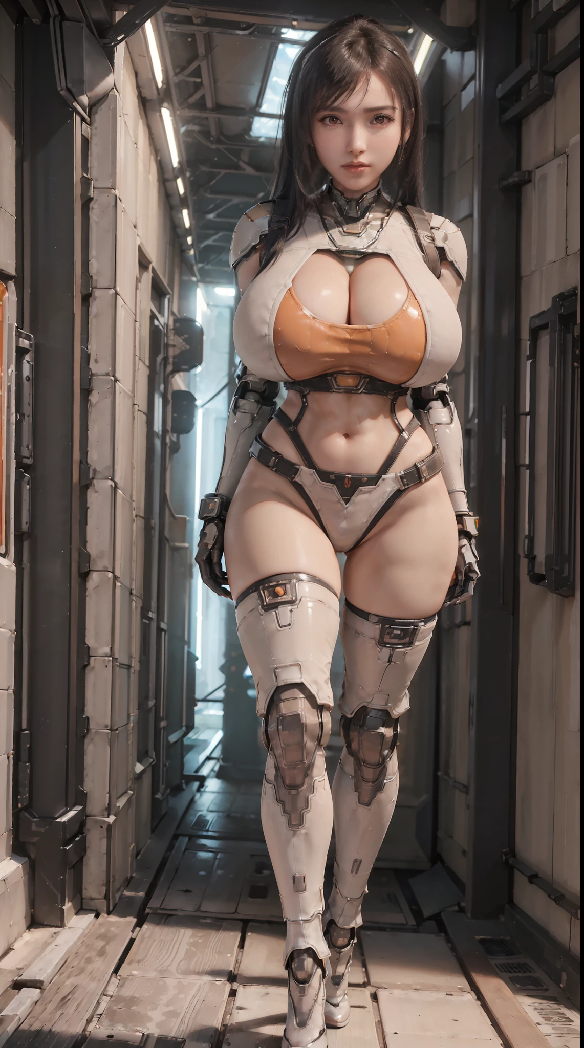 (1GIRL,SOLO:2), (Tifa Lockhart face:1.1), ((GIGANTIC BREASTS, HUGE FAKE BREASTS:1.5)), (CLEAVAGE TOP:1.5), (MUSCLE ABS FEMALE:1.4), (MECHA GUARD ARMS,BLACK GLOVE:1.4), ((ORANGE WHITE MECHAGIRL CROP TOP, MECHA GUARD ARMOR LEGS, HIGH HEELS:1.5)), (Sexaroid Type), (MUSCULAR BODY:1.3), (GLOSSY SKIN:0.8), (SEXY LONG LEGS, FULL BODY:1.1), (PORTRAIT,LOOKING AT VIEWER:1.3), (female focus:0.886), (WALKING DOWN HALLWAY OF FUTURISTIC SPACE STATION:1.3), (BRIGHT LIGHTING:1.3), SUPER TEXTURE, UNREAL ENGINE RENDER, PHYSICALLY-BASED RENDERING, ULTRA HIGHT DEFINITION, 16K, 1080P.