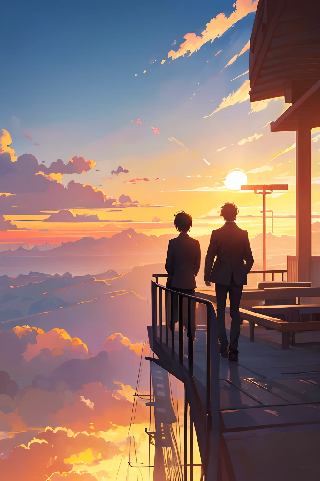 Create exquisite illustrations reminiscent of Makoto Shinkai's style, It has ultra-fine details and top-notch quality.  Create an illustration featuring the silhouettes of several male office workers walking with their jackets flapping in the wind against the backdrop of a nostalgic sunset. Their determined postures, combined with the warm hues of the setting sun, evoke a sense of nostalgia and determination. The scene captures the essence of a quiet but powerful moment, symbolizing the strength found in embracing both the past and the future.
