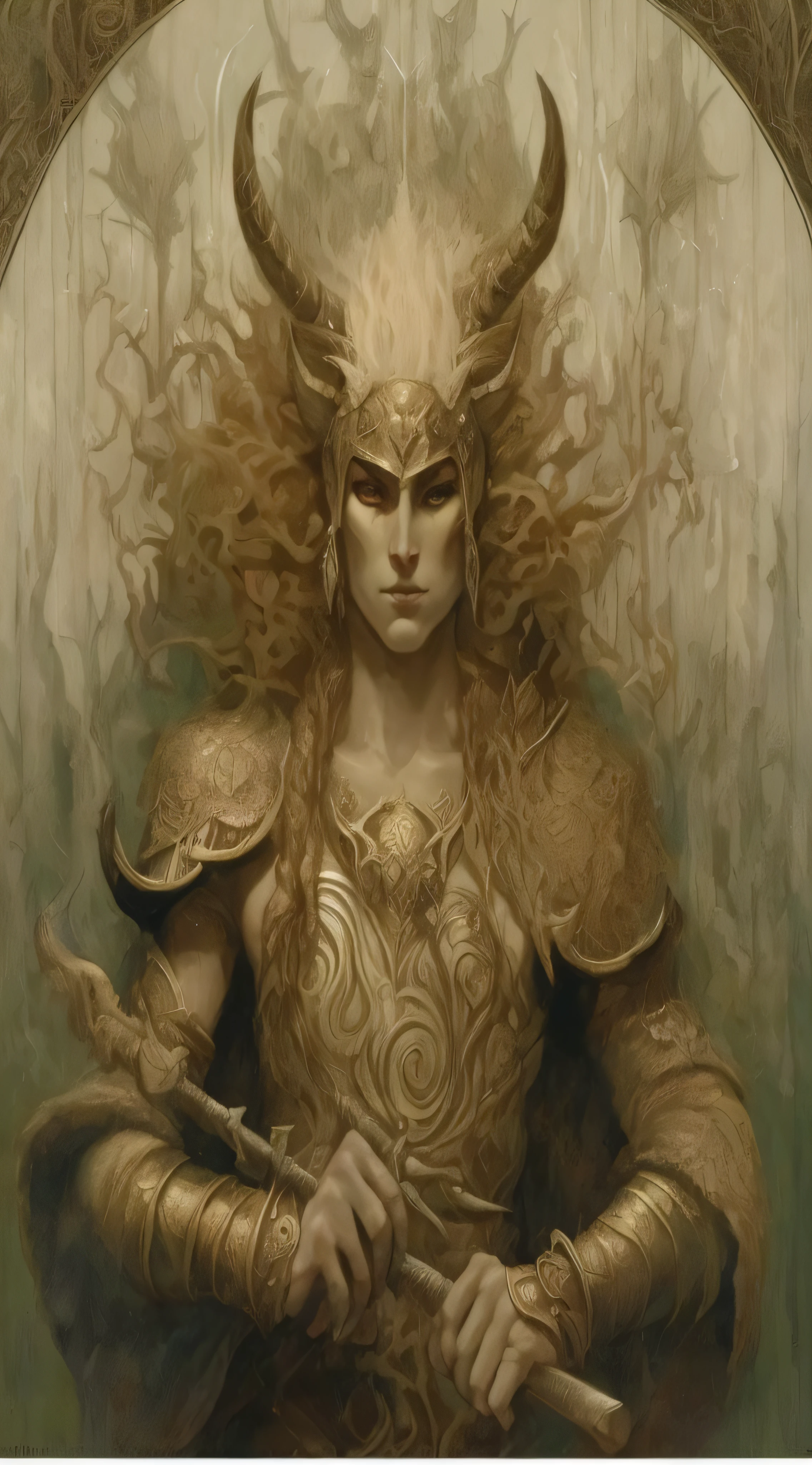 a close up of a woman with a horned head and a sword, horned god, cernunnos, with horns, norse god, fit male demon with white horns, by Yoann Lossel, peter mohrbacher donato giancola, tuomas korpi and wlop, tom bagshaw donato giancola, symmetrical epic fantasy art, gerard brom