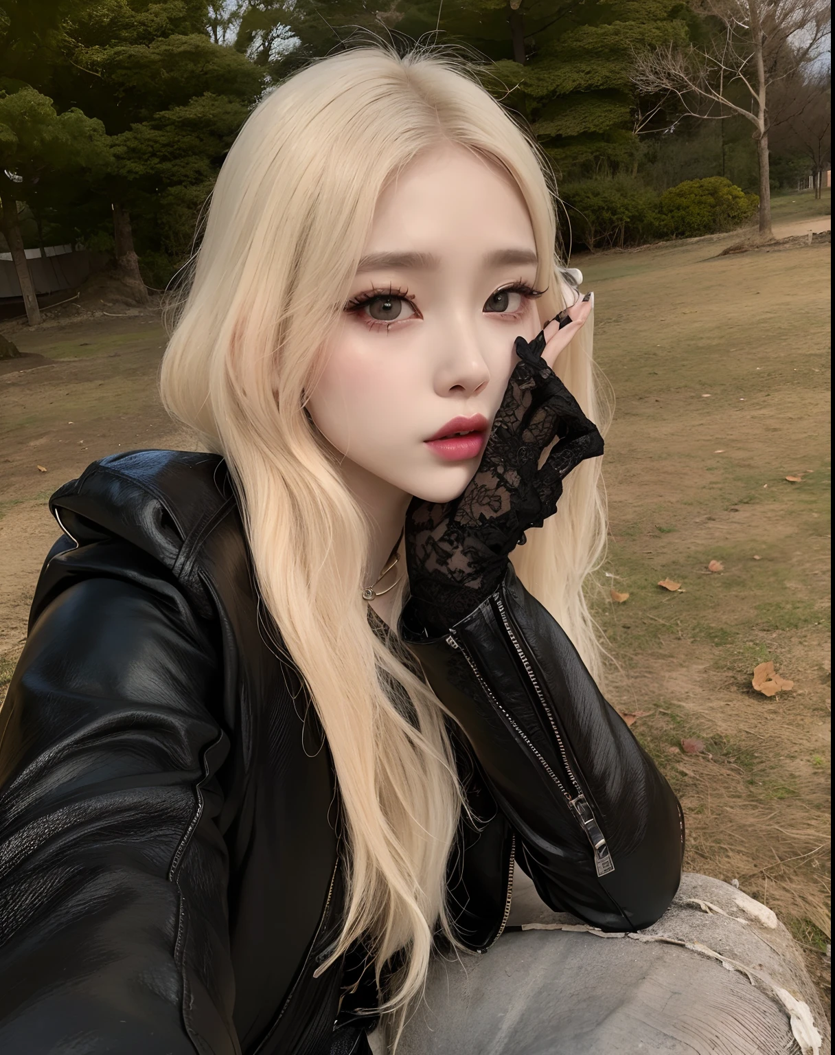 Mulher loira com luvas pretas e luvas em sentar em um campo, cruel korean goth girl, Ulzzang, pale goth beauty, extremely pale blond hair, menina coreana, Jinyoung Canela, com cabelos longos brancos, Parque Roseanne do Blackpink, linda Delphine, pale porcelain white skin, wan adorable korean face, pale ivory skin, longos cabelos loiros e olhos grandes
