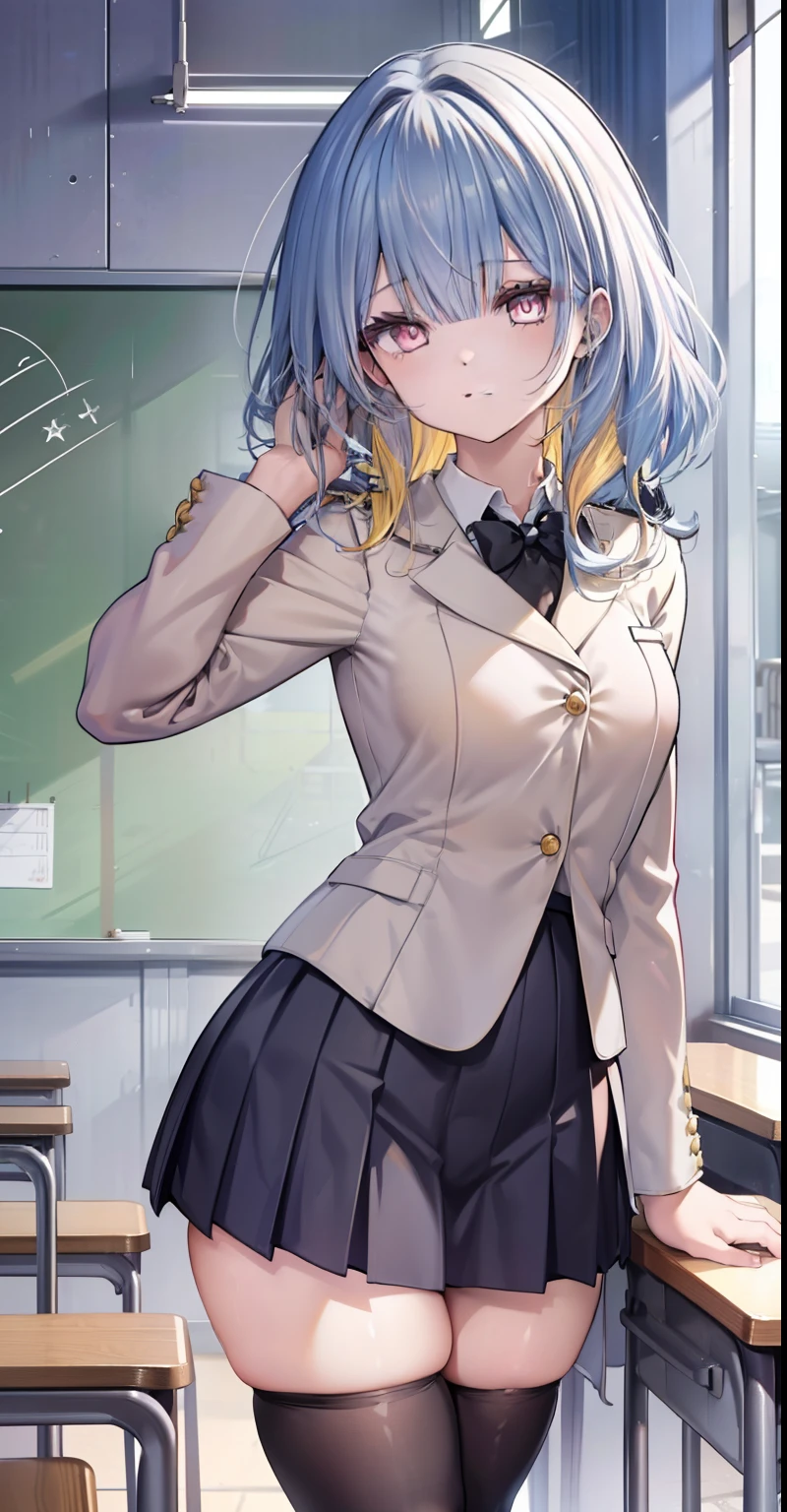 (Official art、Best Quality、Unity 8k Wallpapers、32K、masterpiece、ultra-detailliert、超A high resolution、realisitic、Photorealsitic:1.2)、(Cinematic lighting:1.2)、Fireglow effect、film grains、Best Shadows、Rim lighting、side lights、(Ultra-detailed and complex 3D rendering)、(From below:1.4)、Sharp pupils、Realistic pupils、(cowboy shot:1.2), Highly detailed background、beauitful face、blurry backround、a beauty girl、(super detailed skin、detailed skin textures:1.3)、from behind、a sailor suit、Dark blue pleated skirt、thighs thighs thighs thighs、white sock、(Stretch your back、Toe stand:1.3)、(Write on the chalkboard、Have chalk、The skirt is rolled up:1.2)、White panties are visible、Flustered expression、Teary-eyed、Embarrassed look