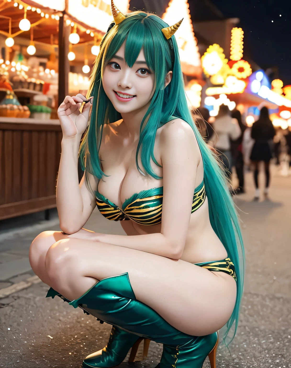 /*Quality writing*/ 
of the highest quality, 16 K, masterpiece, hyperdetailed face, very detailed lips, Detailed eyes, Realistic pupils, 
BREAK, 
/*Characters and expressions*/
(Extremely beautiful girl:1.2), (Japanese girl:1.2), 1 girl, Light on Face, 18 years old, ((Very sweet smile)), 
BREAK
/*garments*/
 ((LumCosplay, Long hair, Green hair, aqua hair, multicolored hair, bikini, strapless, horns, boots):1.3),  (Highly detailed costumes:1.1), 
BREAK
/*Pose*/
nice hand, Perfect hands, Crouching, 
BREAK
/*Angular posture*/
(Sparkling night sky:1.2), (Festive carnival atmosphere:1.3), (lots of flower:1.2), carnival, Halloween, Town, (Halloween Party:1.2), jack-o-lanterns, Bat, Looking at Viewer