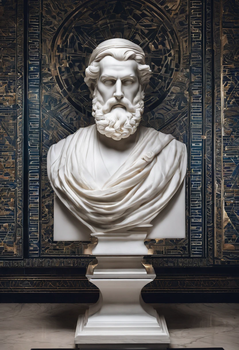 White marble statue of the bust of the sage with the style of the bearded Greek philosopher in the museum. dark atmosphere, high contrast of light and shadow, Photographie professionnelle, utrarealista, Lightweight volumetric, cinematic
