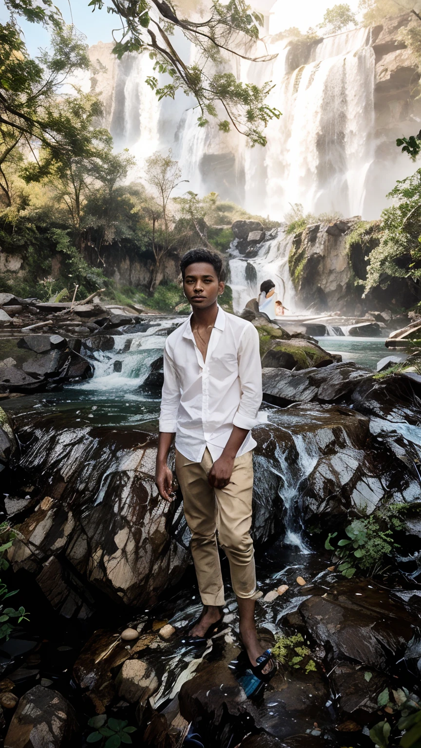 Boy with water fall futuristic background real face