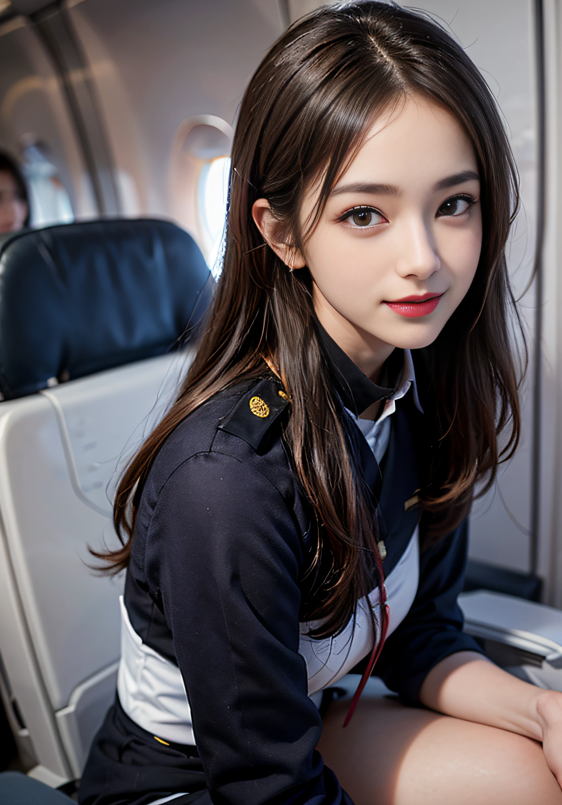 (8K high image quality), (top-quality), (RAW image quality),(masutepiece:1.2), (Realistic), (Photorealistic:1.37), ,largeeyes,long eyelasher,（Live-action realistic style）,The Ultimate Face,Photorealistic light and shadow,Clear facial features,,Fair skin, ）,(The Ultimate Face,Extraordinary beauty),Best portraits, 1-girl,Beautiful detailed eyes,highlydetailed skin,(Beautiful face with double eyelids), (Realism: 1.4),((fullbody image)) ,delicate and beautiful face,,Female about 20 years old,(Beautiful Face 1.4),Hair length is random,((Japan high school girl in uniform)),((Show your audience your best smile)),(red lipsticks,Lame around the eyes,earring beautiful),((Shot on an airplane)),(Sit down in your seat while showing your panties),panties fully visible.white color panties,(I like to show my panties to viewers),(Show your panties to your audience),((Flight attendant uniforms)),red lipsticks,Lame around the eyes,(Flight attendants in uniform),,It's a cowboy shot,Shoot head-on,It's the best smile,Spread your legs and show your panties,Look in the direction of the viewer,Close-range shooting