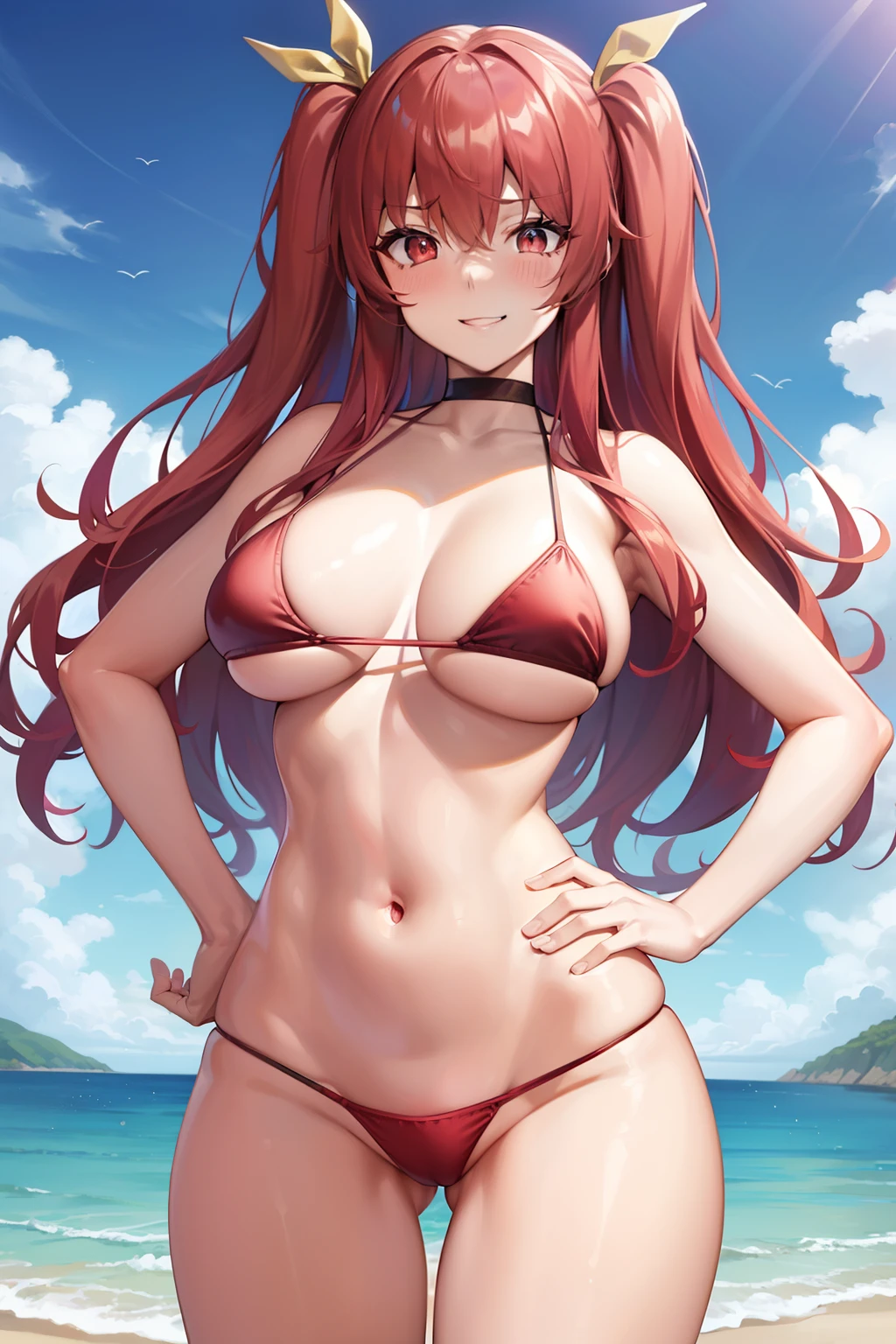 Stella Vermillion, Stella Vermillion, hair between eye, Hair intake, Hair Ribbon, Long hair, (Red Eyes:1.5), Red hair, two side up, Yellow Ribbon,thighs thighs thighs thighs, BREAK looking at viewer,,Romper (masutepiece:1.2), Best Quality, High resolution, Unity 8k壁纸, (Illustration:0.8), (Beautiful detailed eyes:1.6), extra detailed face, Perfect Lighting, extremely details CG, (Perfect hands, Perfect Anatomy),Naughty big、a smile、red blush、embarrassed from,(Black Bikini:1.3)、(the beach:1.3)、cowboy  shot、Hands on hips