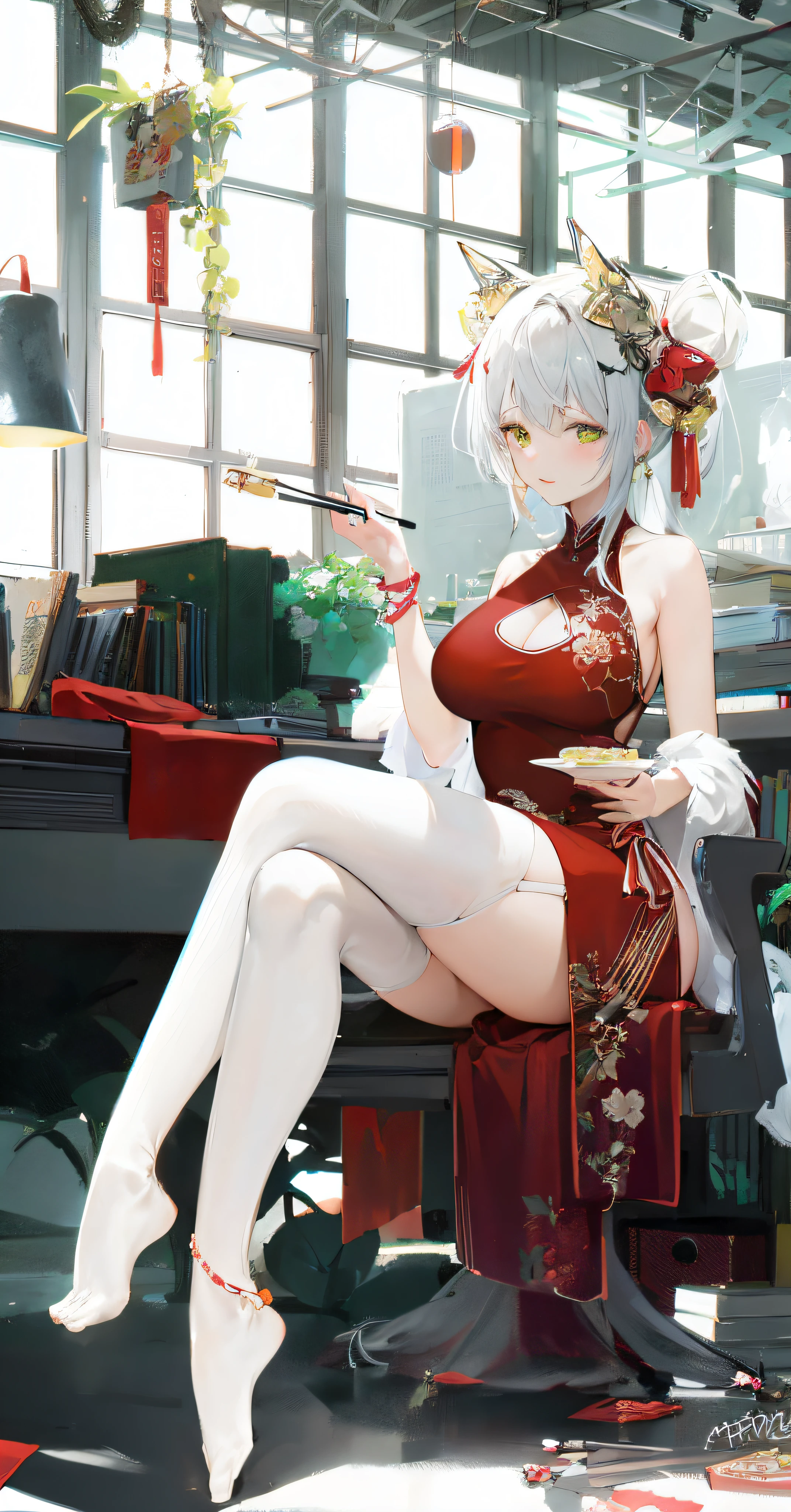 Anime - Style Woman in red dress sitting in chair in office, Guviz, seductive anime girls, Guweiz in Pixiv ArtStation, cute anime waifu in a nice dress, Guviz-style artwork, Guweiz on ArtStation Pixiv, beautiful and seductive anime woman, Best anime 4k konachan wallpaper