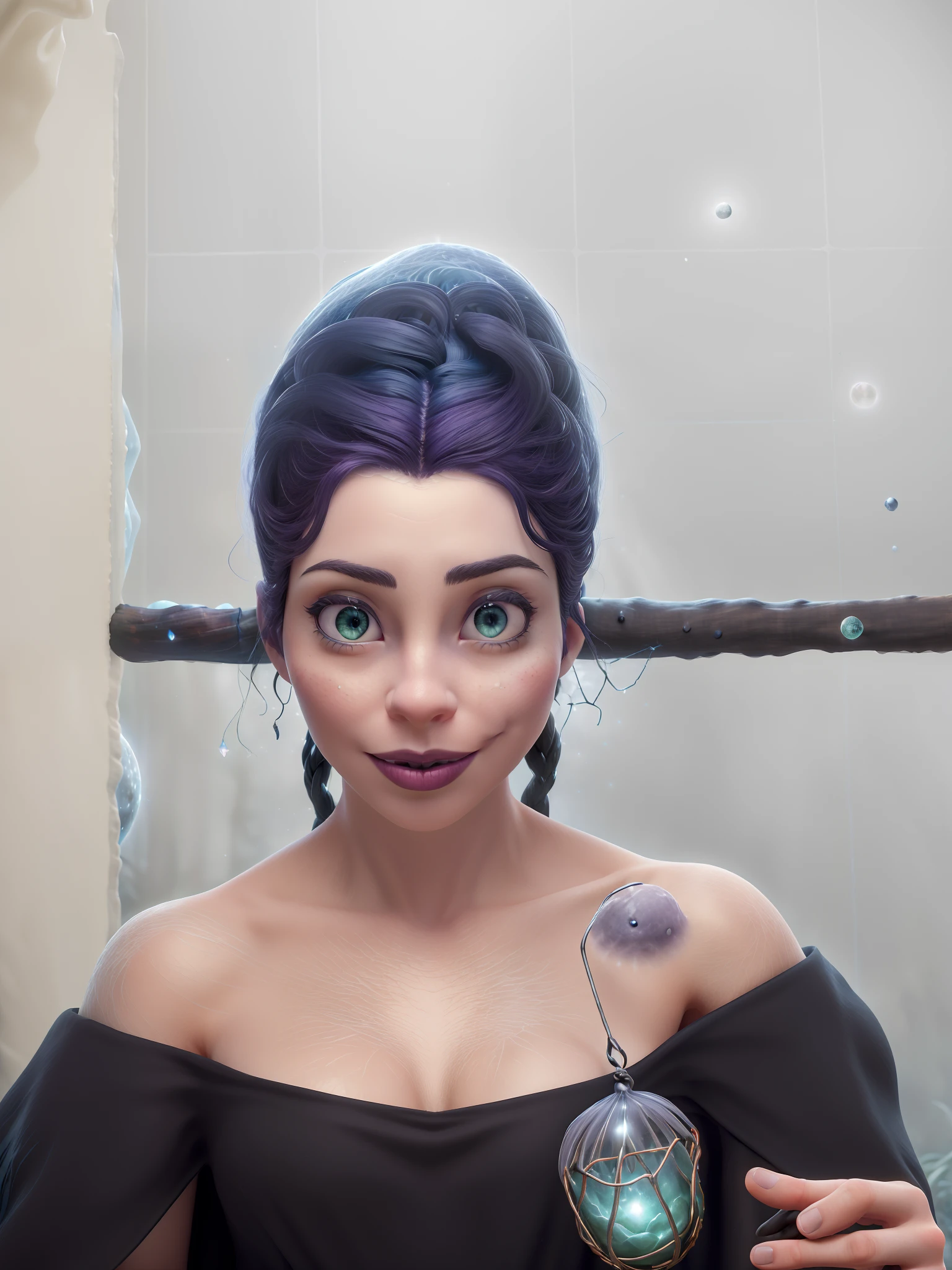 (highres,best quality,masterpiece:1.2),witch in a magical,dark,mystical world,detailed magical elements,dramatic lighting,ominous atmosphere,ethereal beauty,dark forest,enchanted creatures,magic spells,mysterious fog,moonlit sky,magical crystals,sparkling potion,powerful witch,wisps of magic,spellbinding scene,wand and spellbook,magical aura,hauntingly beautiful,spellbound by her presence,black cloak flowing,starry night,enchanted moon,whispering shadows,dark secrets hidden,haunted whispers,mesmerizing gaze,witch's hat and broomstick,mystical symbols,fairy tale ambiance,enchanted garden,secret forest clearing