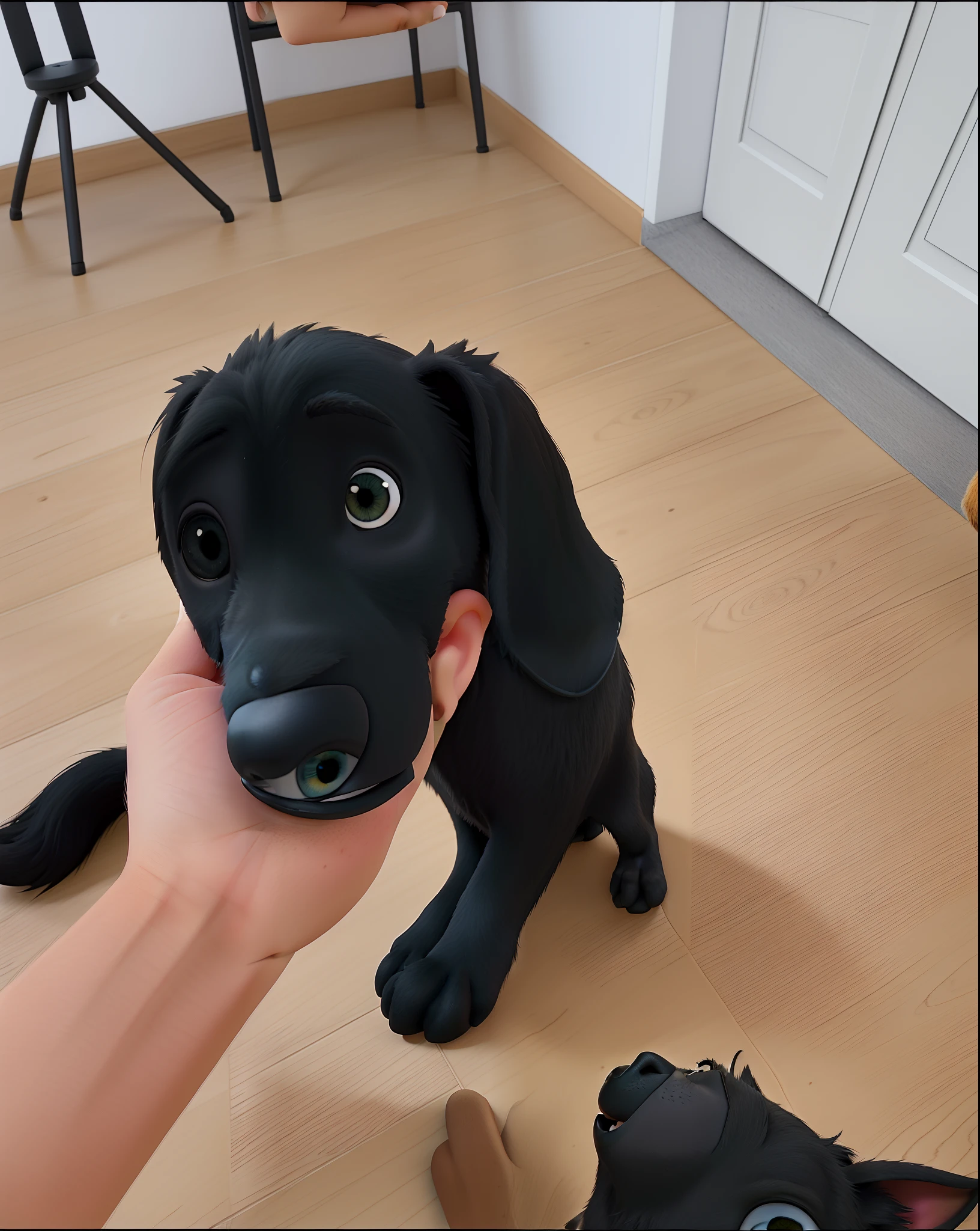 Someone is holding a black dog in their hand while another dog looks on, holding it out to the camera, nariz largo!!!, olhos muito grandes!, grandes olhos negros!!!, with a large head and big eyes, puppy, ela tem um rosto bonito, olhos muito grandes, grandes olhos negros, Frontal
