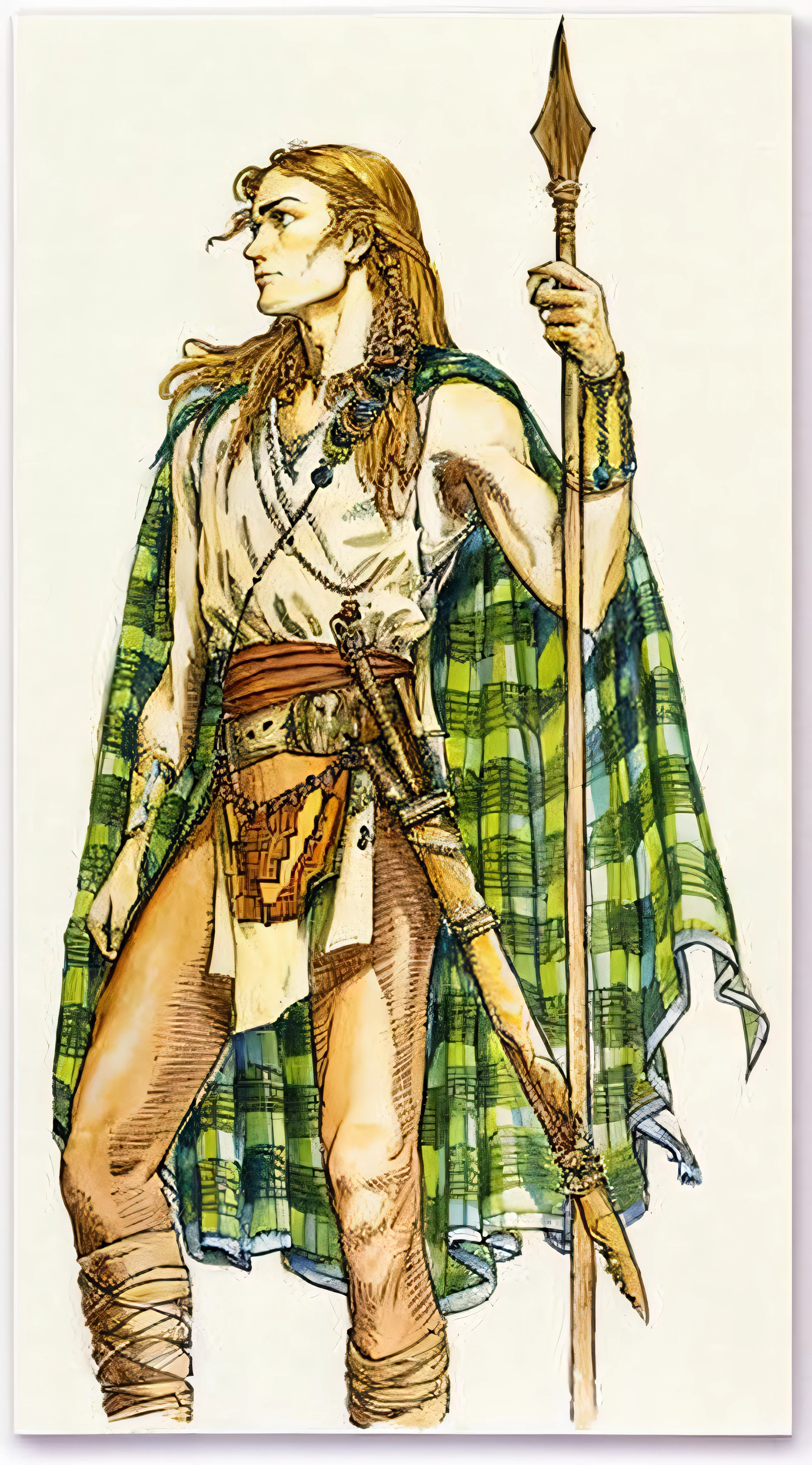 a drawing of a woman with a spear and a plaid cape, barry windsor smith, style of john blanche, wearing loincloth, loincloth, inspired by Clyde Caldwell, celtic druid, picture of an adult male warrior, art style of john blanche, a character based on a haggis, male warrior, inspired by John Blanche, wearing cave man clothes