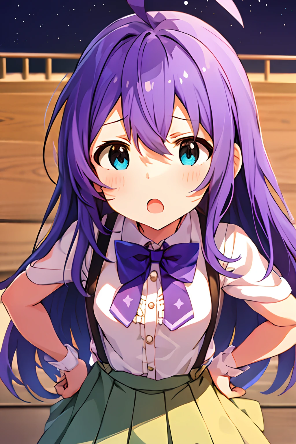 {{{{{mochizuki anna}}}}},1girl,solo,long hair,purple hair,small_ahoge,blue eyes.short stature.white t-shirts.suspenders.skirt.(((masterpiece))).(((best quality))).((ultra-detailed))).(((illustration))).night view.small Breasts.put hands on the hip.look from above.up chest.Sad face.open mouth.