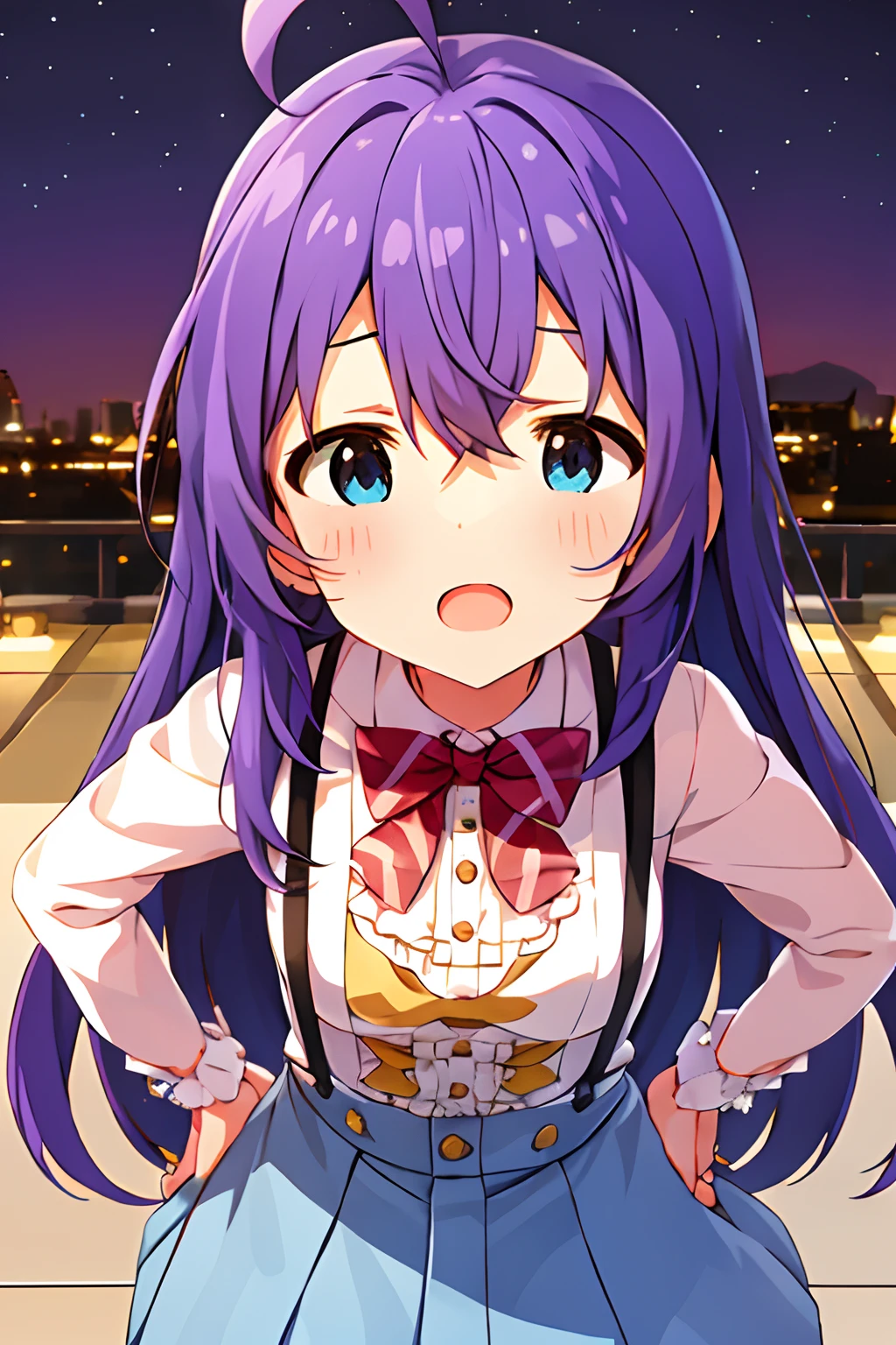 {{{{{mochizuki anna}}}}},1girl,solo,long hair,purple hair,small_ahoge,blue eyes.short stature.white t-shirts.suspenders.skirt.(((masterpiece))).(((best quality))).((ultra-detailed))).(((illustration))).night view.small Breasts.put hands on the hip.look from above.up chest.Sad face.open mouth.