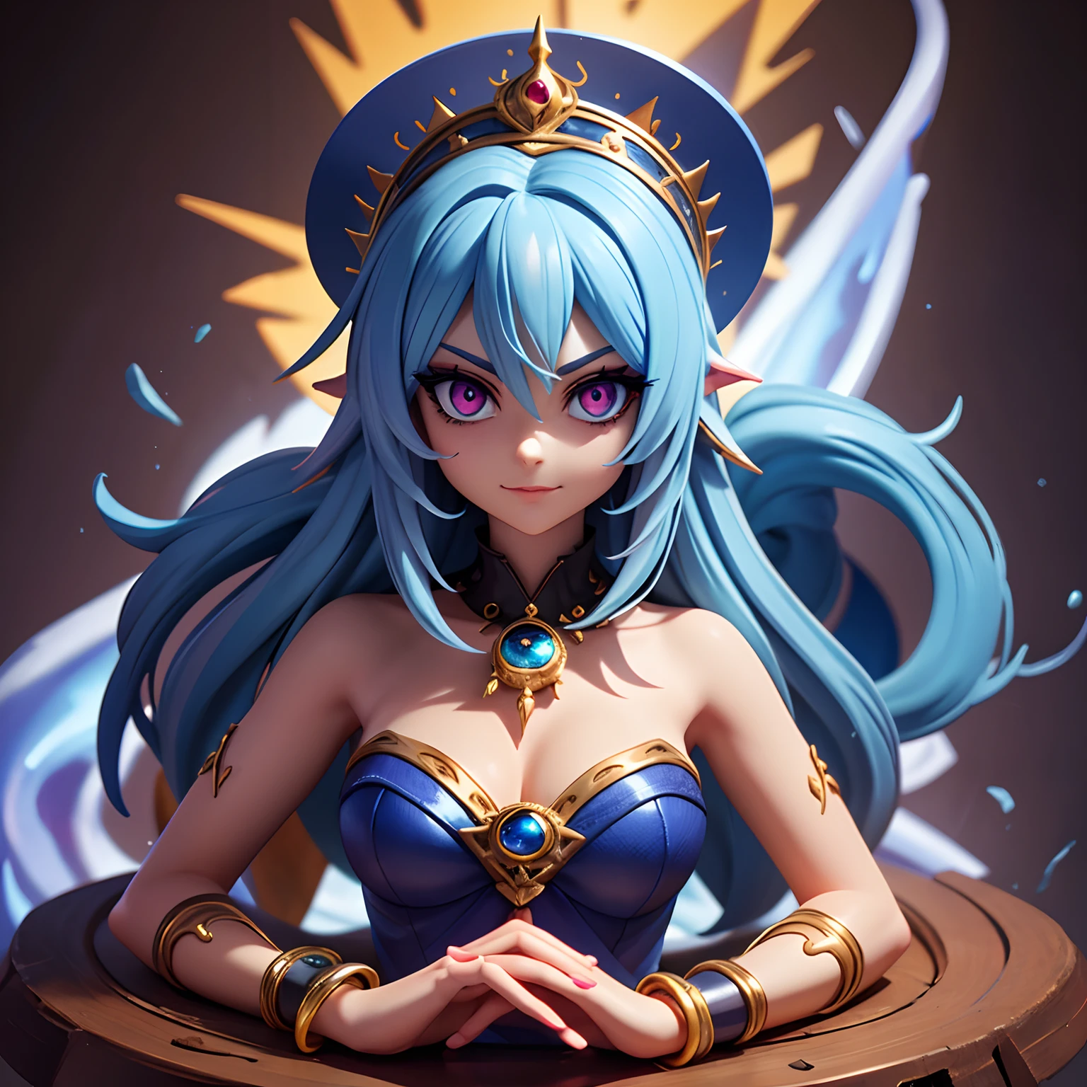 girl, loose hair, big breasts, naked, on stage, colorful lighting, night, candlelight, sensual face, flushed face, sexy pose, blue hair, masterpiece, best quality, 1girl, Sona \(league of legends\), blue eyes, gradient hair, twintails, hair ornament, long hair