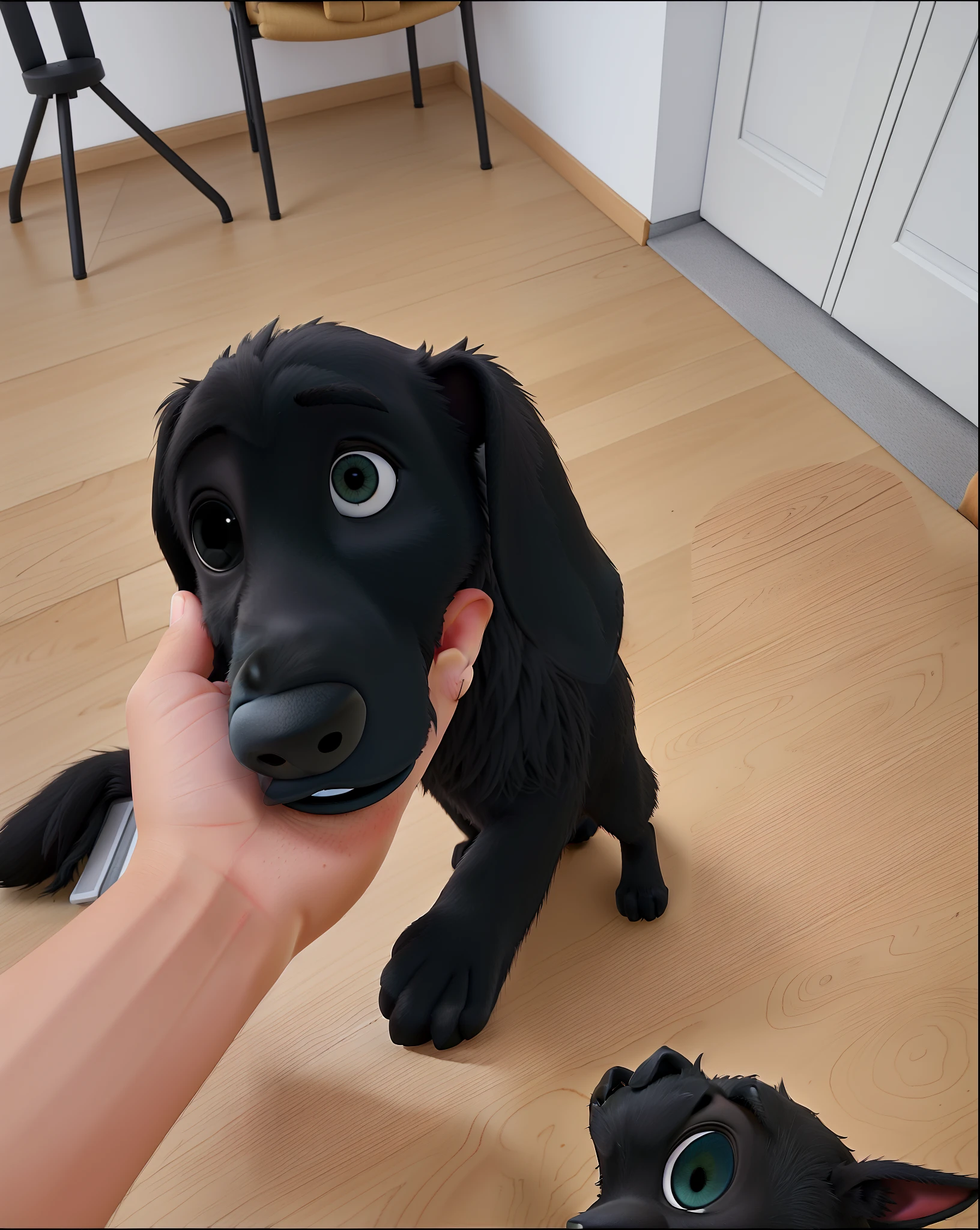 Someone is holding a black dog in their hand while another dog looks on, holding it out to the camera, nariz largo!!!, olhos muito grandes!, grandes olhos negros!!!, with a large head and big eyes, puppy, ela tem um rosto bonito, olhos muito grandes, grandes olhos negros, Frontal