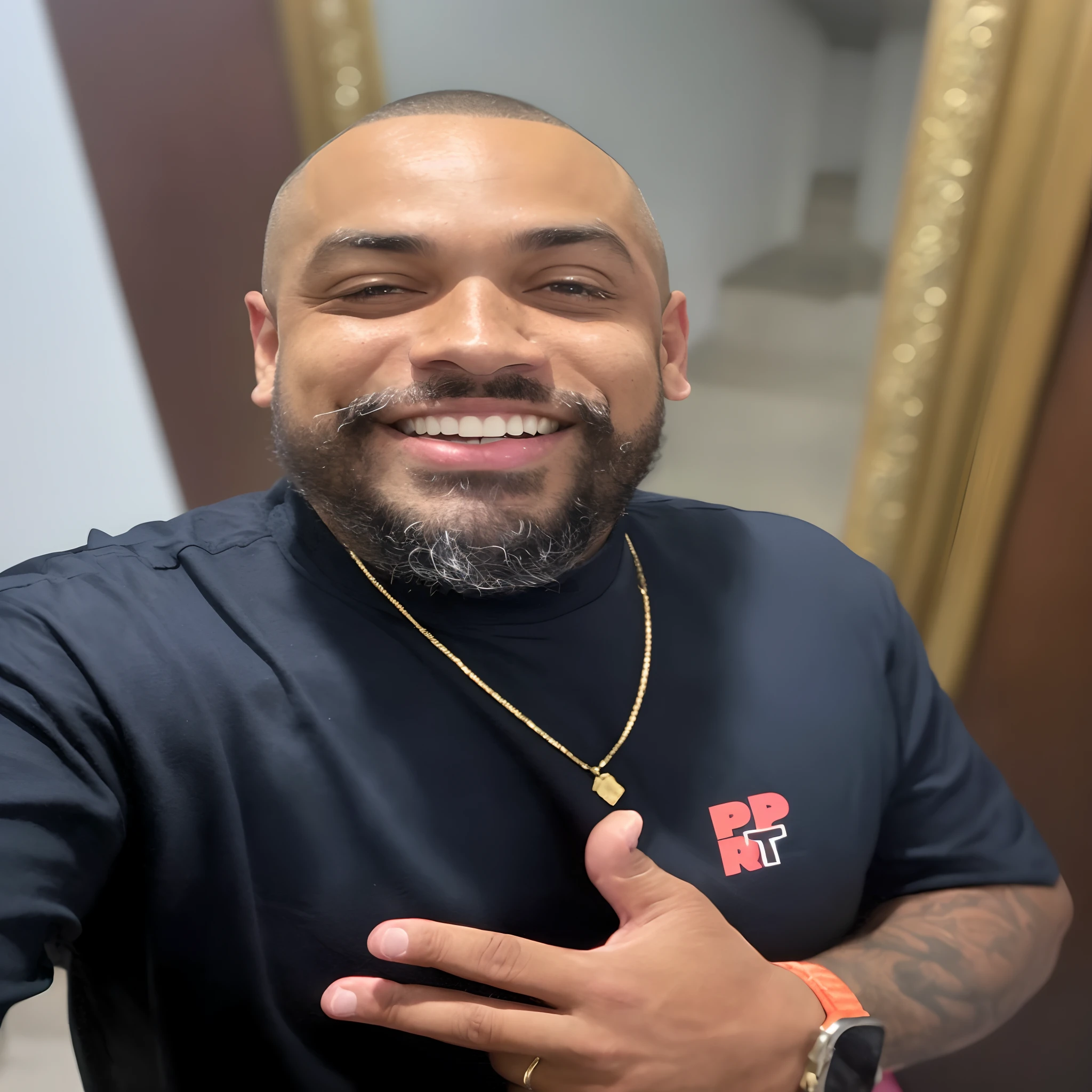 There's a man who's smiling and making a funny face, eric parker, foto do perfil, foto de perfil headshot, Masterpice de arte, inspirado em Christopher Williams, taken in the early 2020s, foto de perfil profissional, imagem profissional, Masterpice, Retrato tirado 8 K, Ronaldo Nazario, imagem de perfil, com barba e camisa preta