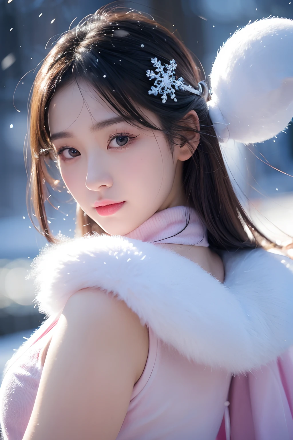 Snowscape、Snow powder、Close-up of smiley faces、Glossy lips、Shining eyes、Snow Girl、Snow clothing、cosplay、(hentail realism、A high resolution)、(1 girl in)、Snow Girl、Eye、ChineseGirl、(Best quality), (masutepiece), (1girl in), Solo, a beauty girl, Perfect face, DreamlikeArt、Highly detailed airbrush art((Surreal))、voluminetric lighting、(top-quality)、The ultra-detailliert、(The composition of the movement:1.4)、Highly detailed and colorful details、(Bright lighting)、dynamic compositions、Ray traching、The mirror reflects light、Shallow depth of field、ultra - detailed、Mixed exposure、NFFSW、Her eyes sparkled with a deep pink glow、Snowflakes fall in the background、Snow-capped mountains shine