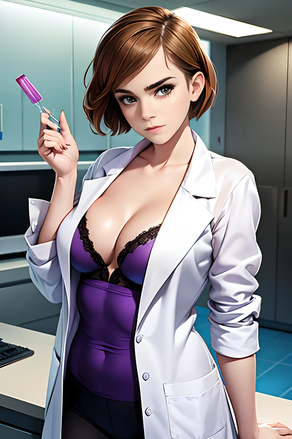 Emma Watson, seductive pose, wearing lab coat, wearing laboratory clothing, in a laboratory, chemistry equipment in background, tight clothing, lots of cleavage, big breasts, (bug breasts:1.2),