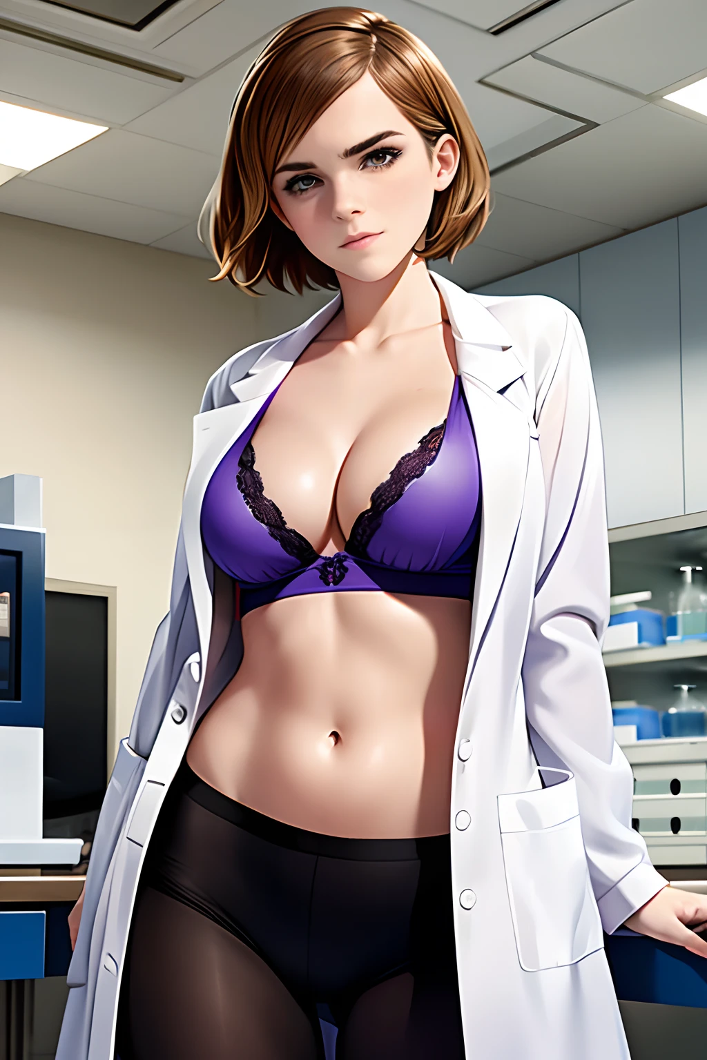 Emma Watson, seductive pose, wearing lab coat, wearing laboratory clothing, in a laboratory, chemistry equipment in background, tight clothing, lots of cleavage, big breasts, (bug breasts:1.2),