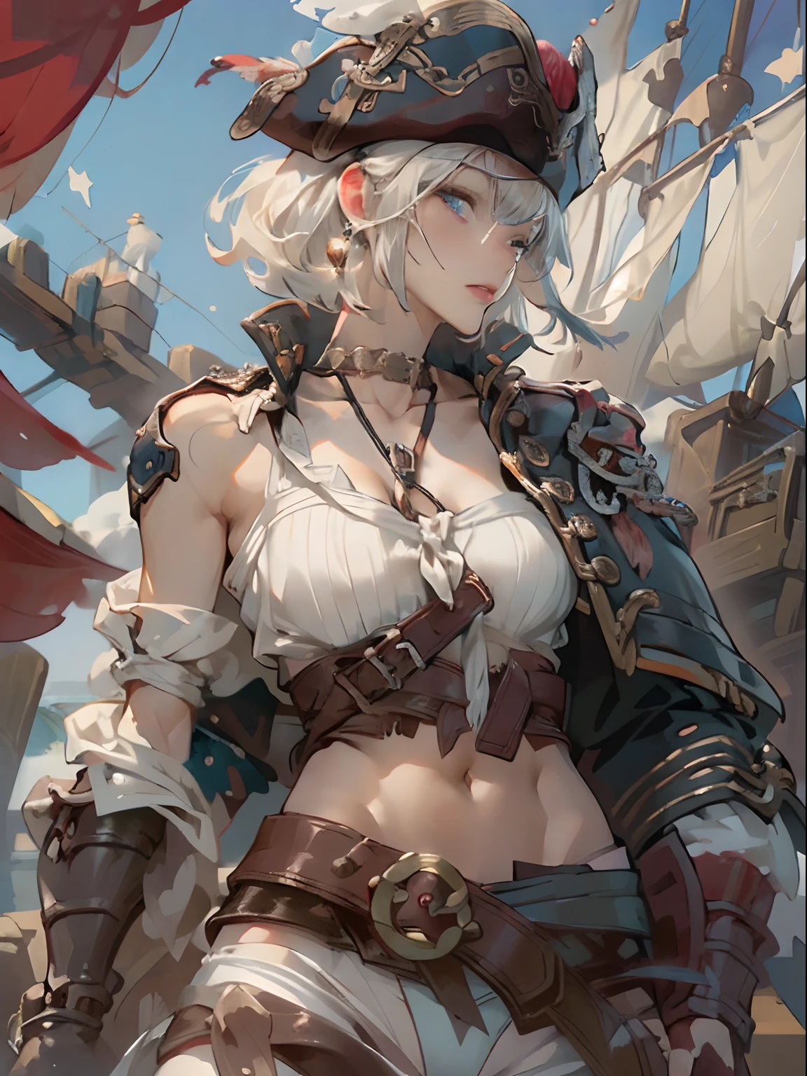 (((of the highest quality: 1.4))),(unparalleled masterpiece ever), (Ultra high definition),(Ultra-realistic 8K CG), offcial art、 (((adult body))), (((1girl in))), ((( Bob Shorthair ))), 25-year-old pirate with a perfect body, Pirate hat with metal spines,Beautiful and well-groomed face,,Detailed pirate clothing,Pirate Jacket, (Image from head to thigh),(( White Blonde Bob Shorthair )), Small leather panties, Simon Bisley's urban savage style,Detailed pirate ship background,Clean abs, Complex graphic gauntlets, Dark red with white stars and blue and white stripes, s Armor, Poison tattoo ), ,