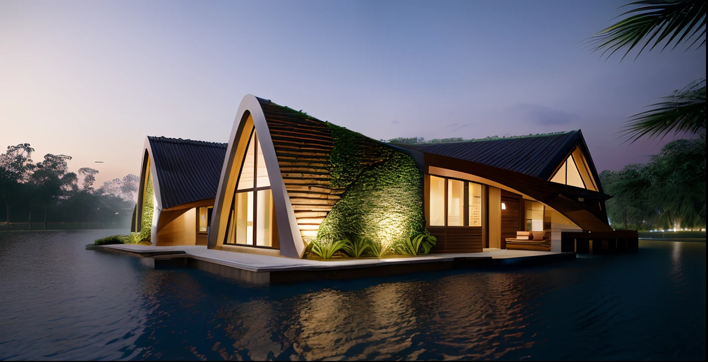 Exterior, cafe by the lake, midland hill area of Thai Nguyen province, Vietnam, with many tropical trees, waterfall, many people and tables and chairs drinking coffee, roof material made of palm leaves , coffee-colored wall finishing materials, natural stone wall panels, lots of glass, paved walkways and grass planting, night lighting, highest image quality, 8k images, vray rendering