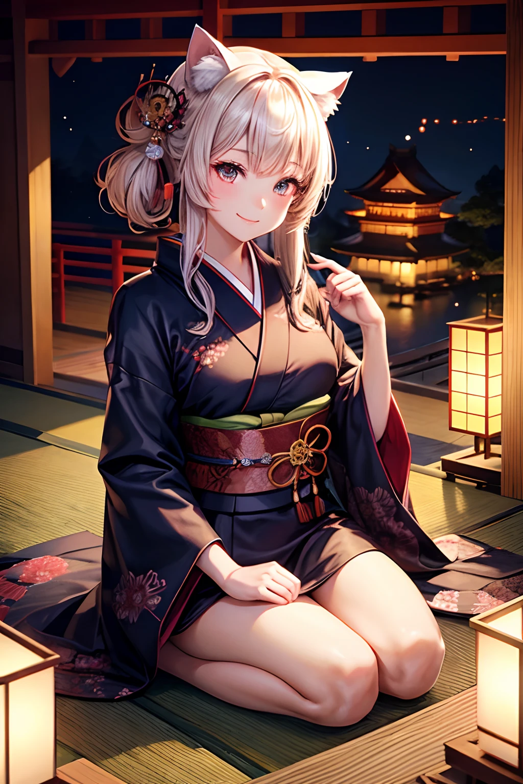 Top quality, high resolution, perfect human structure, figure focus, front view, glowing hair, glowing eyes, kimono, Japanese castle, Japanese garden, cat ears, New Year, sitting seiza, Japanese tea, kimono is long, overall angle, medium chest, happy smile, gradient eyes, swept bangs,