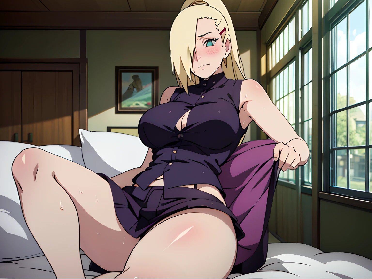 tmasterpiece，Best quality at best，high qulity，1girll，Solo，Ino yamanaka, Sharp focus :1.2, Pretty Women with Perfect Figure :1.4, Slender abs :1.2, ((layered haircuts, Big breasts :1.2)), (vests:1.1 ..under wear,short  skirt ), (Wet sweat ° Sitting enthusiastic woman. "In the room.), full bodyesbian. Highly detailed face and skin texture, Detailed eyes, inside in room，Lie down in bed，Be red in the face，Blush，Show off your thighs，Both legs up